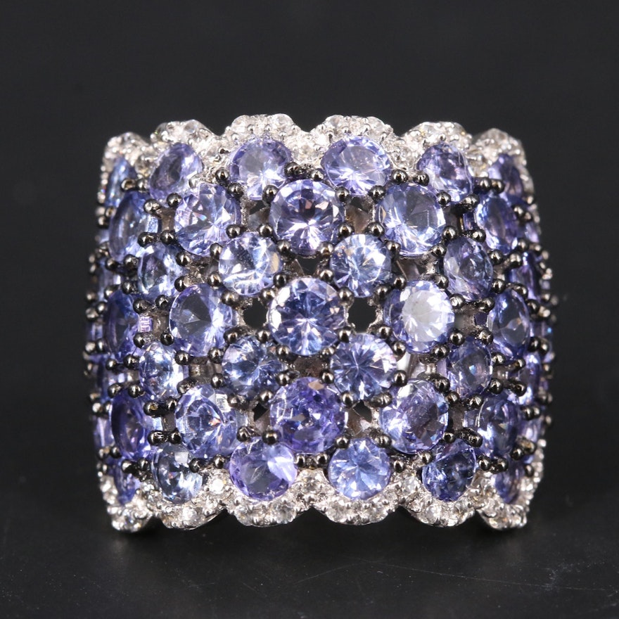 Sterling Tanzanite and Zircon Cluster Domed Band with Scalloped Edge