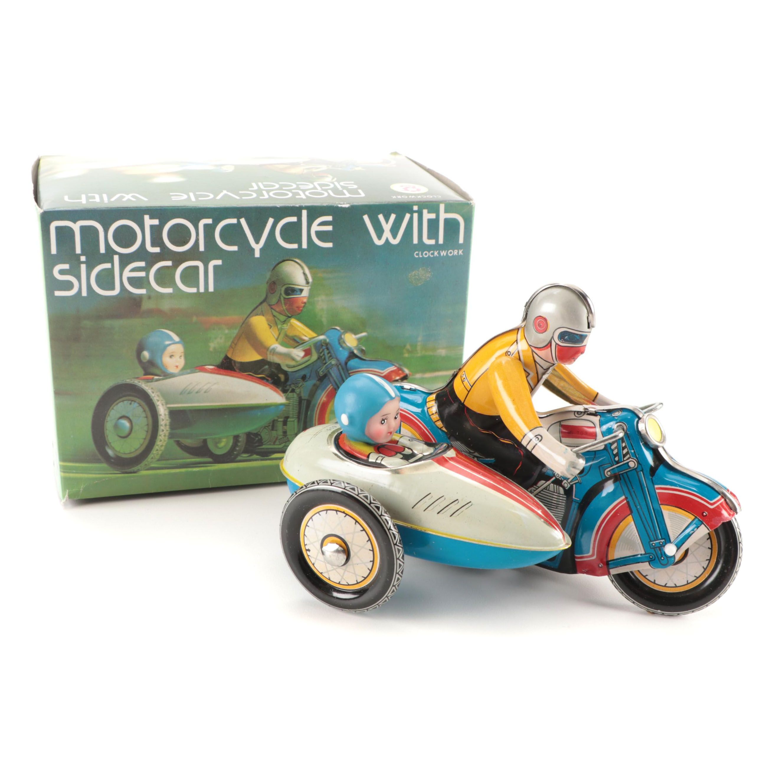 Clockwork MS-709 Wind Up Tin Toy Motorcycle with Sidecar, Vintage