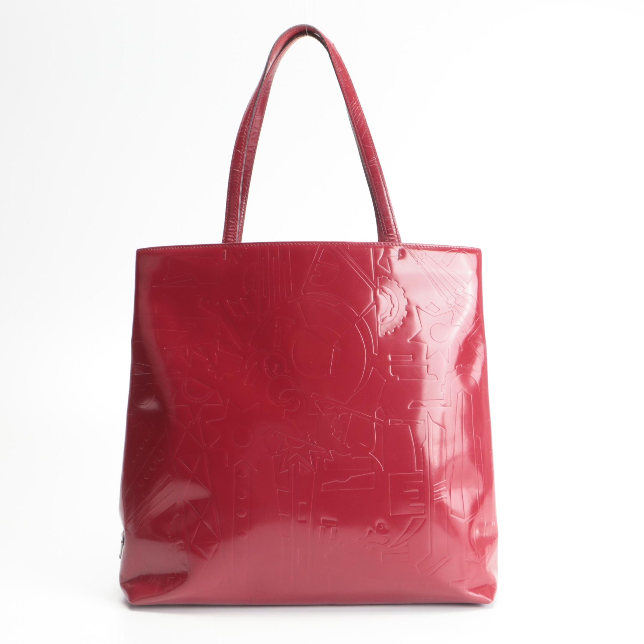 Prada Satchel Style Tote Bag in Red Patent Leather with Embossed Design