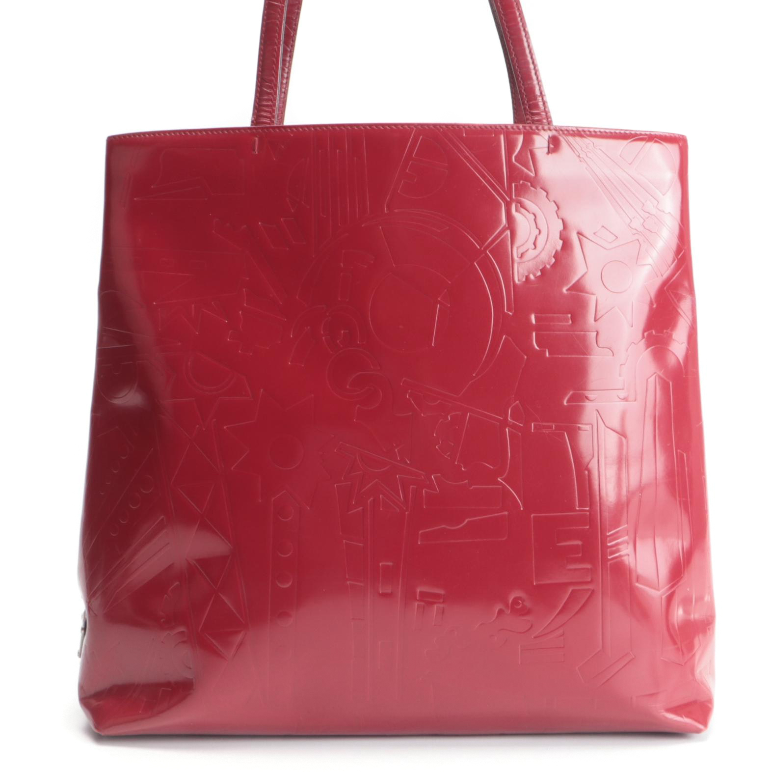 Prada Satchel Style Tote Bag in Red Patent Leather with Embossed Design