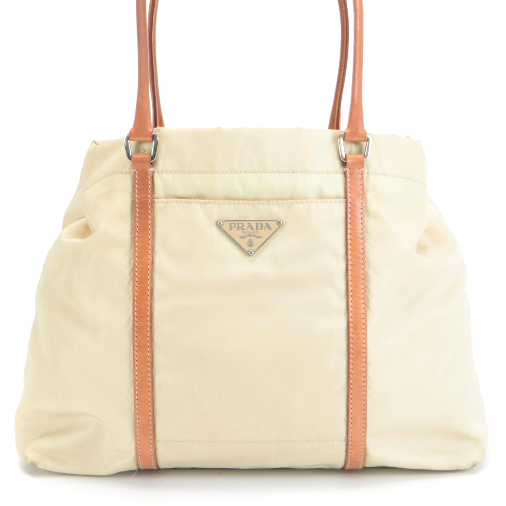 Prada Small Shopping Tote in Nylon with Tan Leather Trim