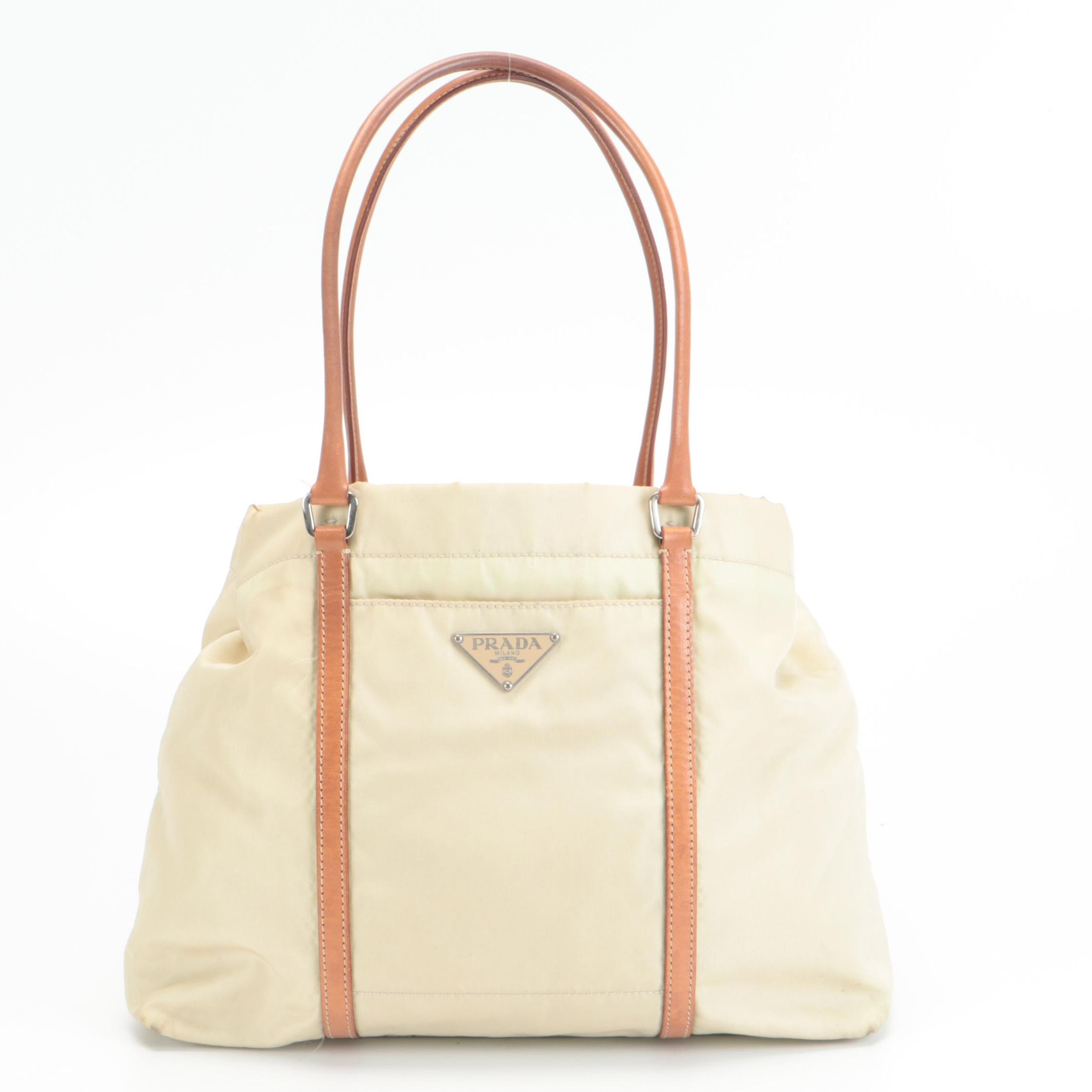 Prada Small Shopping Tote in Nylon with Tan Leather Trim