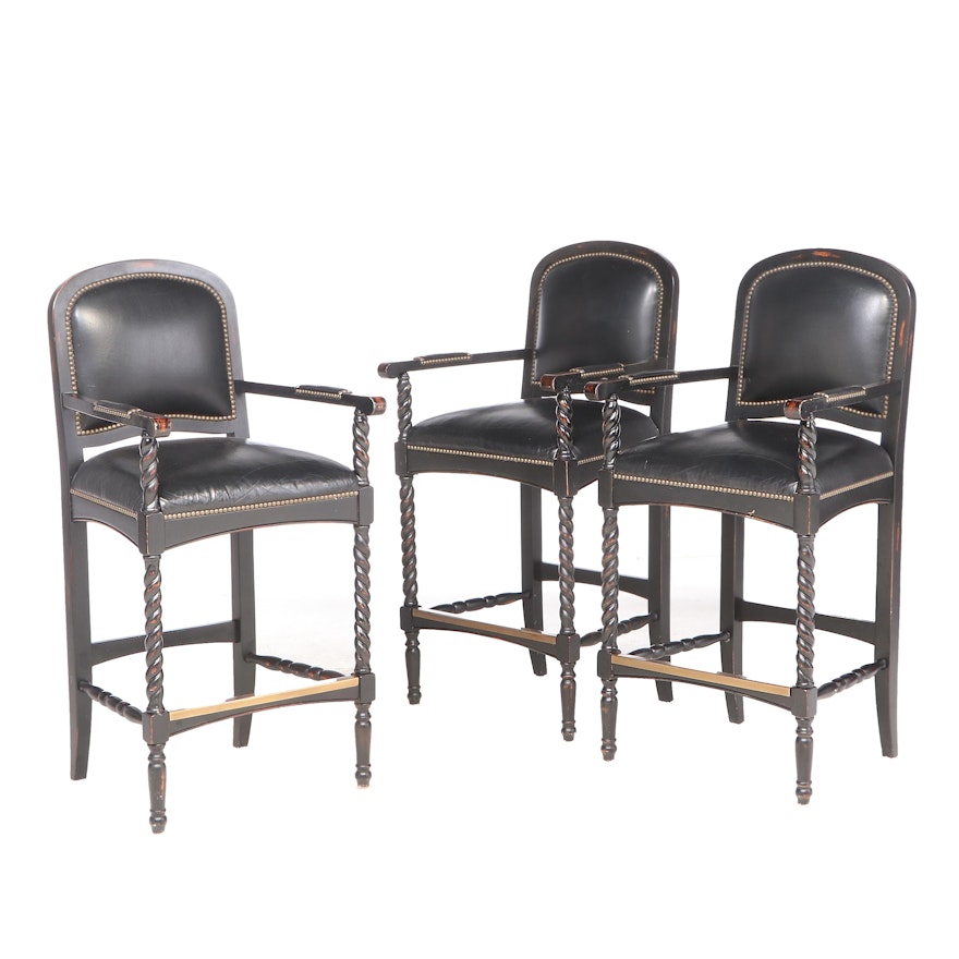 Three Ebonized Oak and Leather Barstools with Barley-Twist Detail