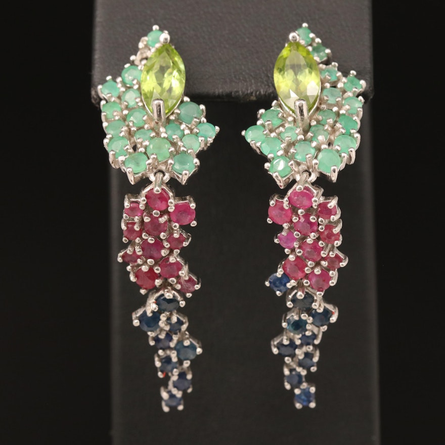 Sterling Silver Peridot, Corundum and Emerald Cluster Drop Earrings