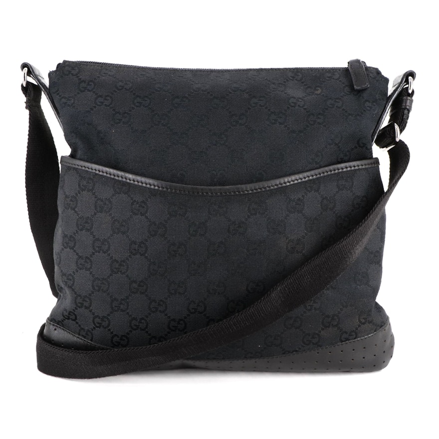 Gucci Crossbody in Black GG Canvas with Smooth and Perforated Leather