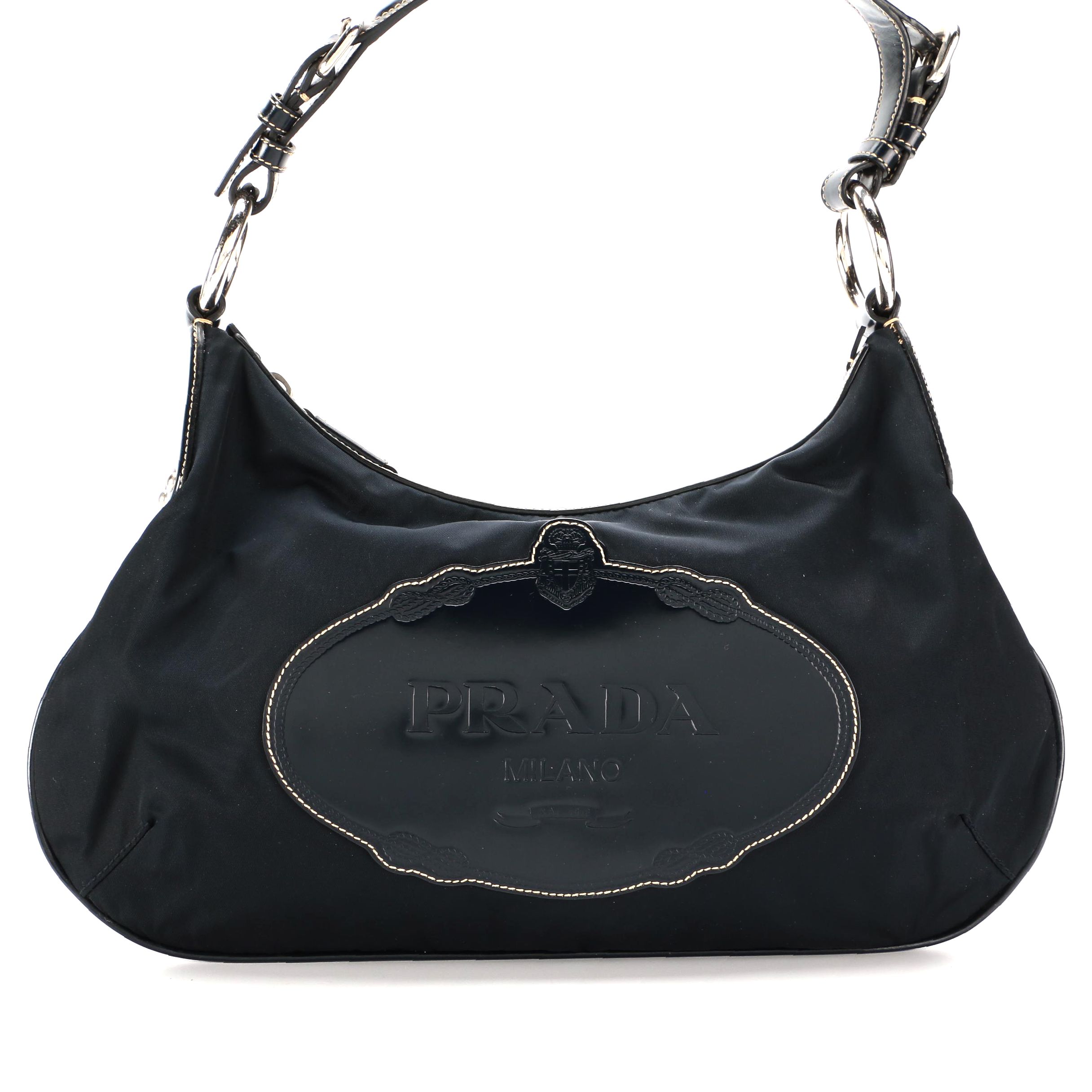 Prada Navy Nylon and Leather Embossed Logo Shoulder Bag with Contrast Stitching