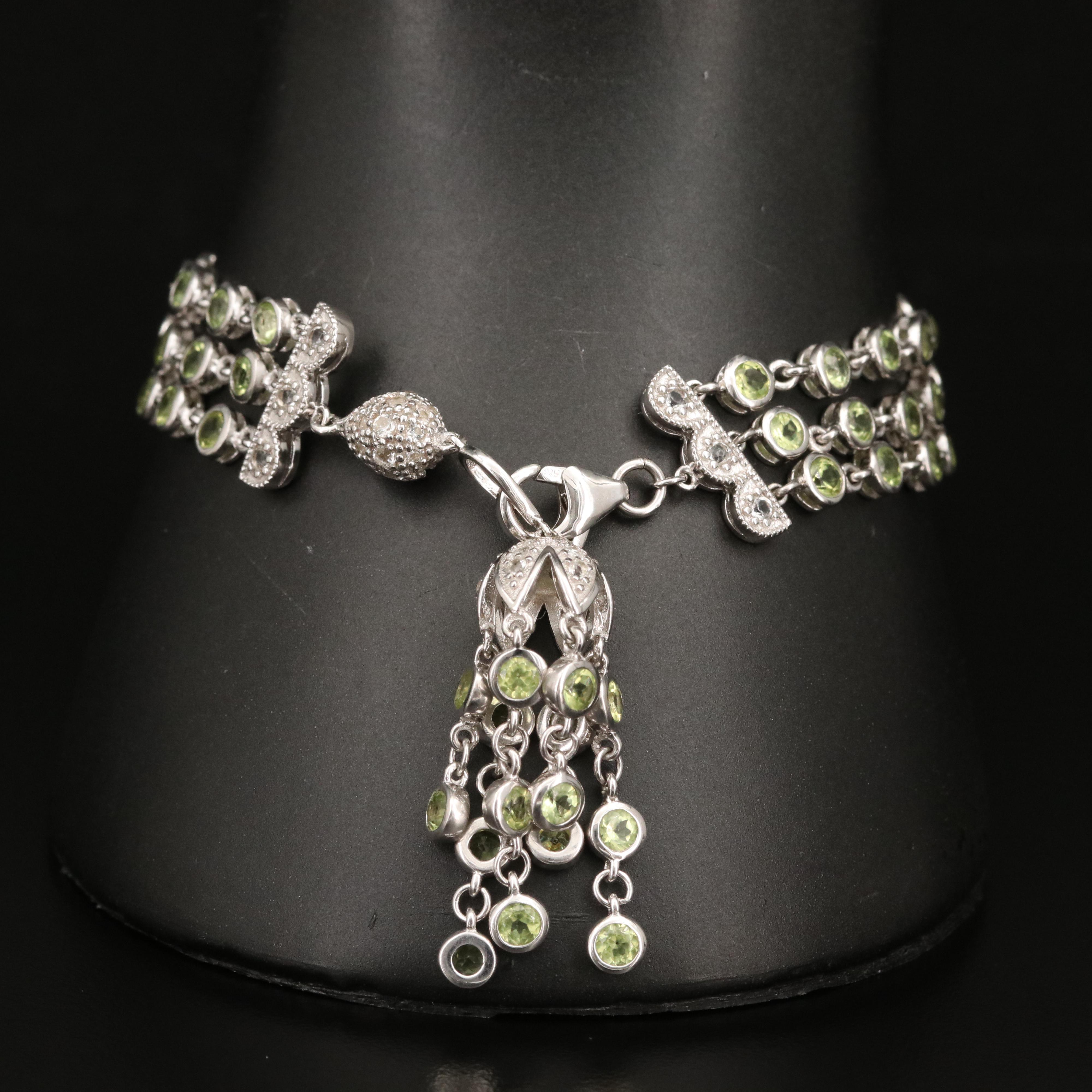 Sterling Silver Peridot and Topaz Multi-Strand Tassel Bracelet