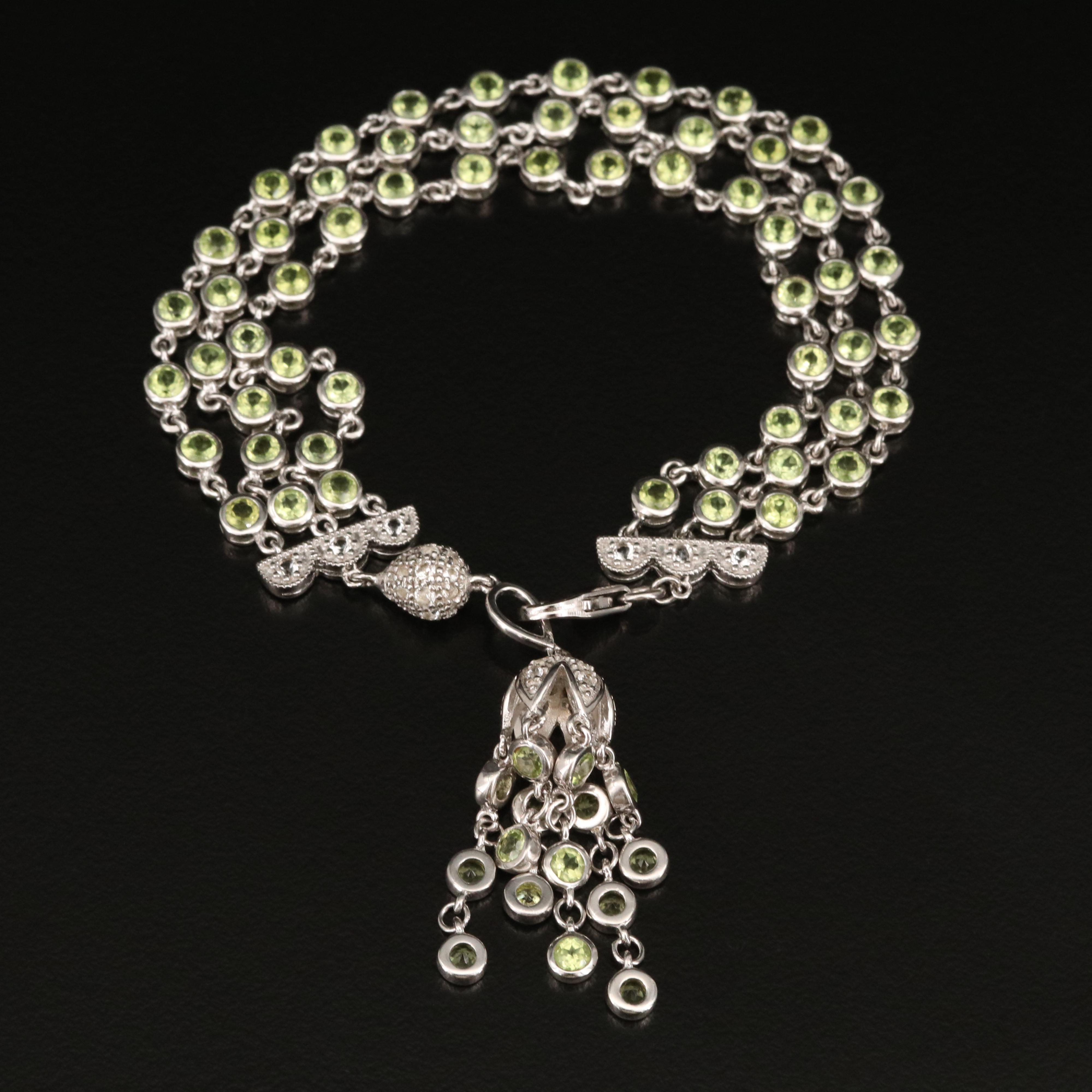Sterling Silver Peridot and Topaz Multi-Strand Tassel Bracelet
