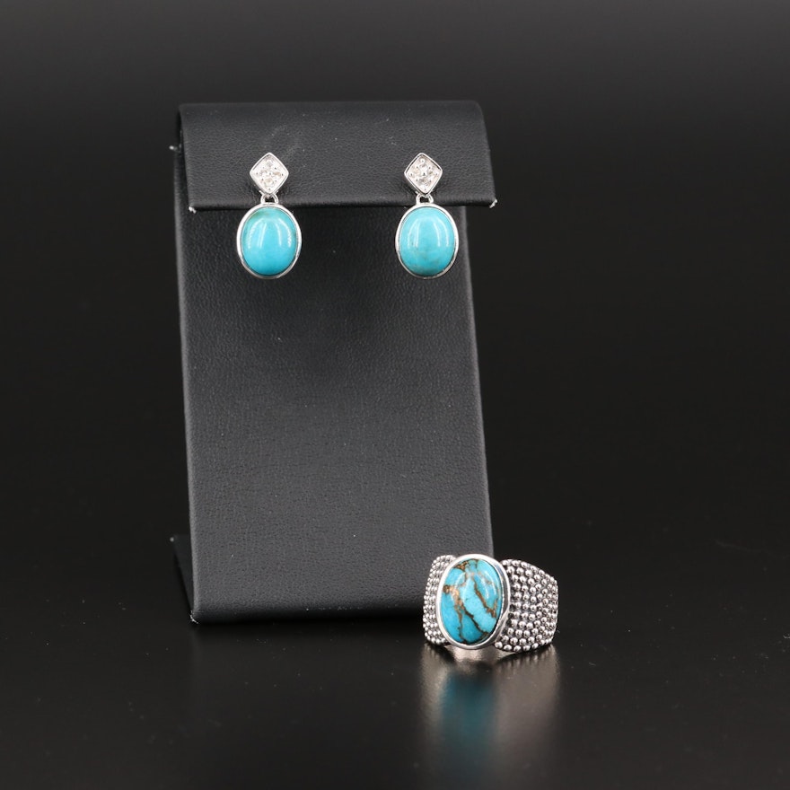 Michael Dawkins Sterling Silver Turquoise Ring and Drop Earrings
