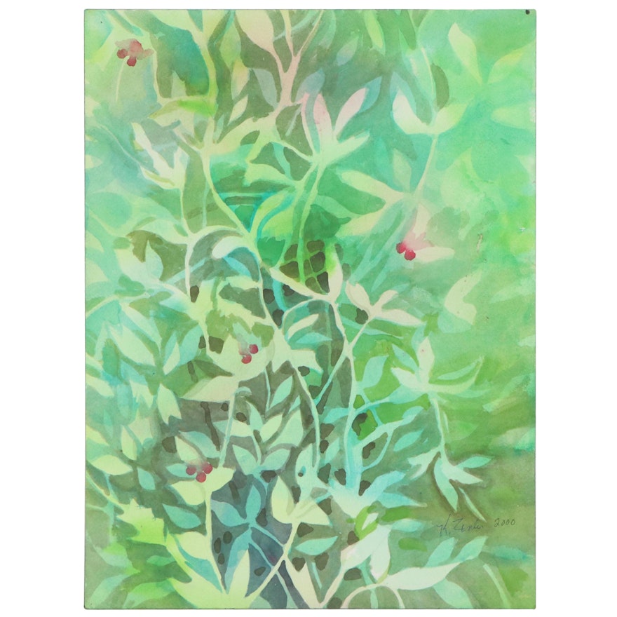 Kathleen Zimbicki Abstract Double-Sided Watercolor Painting of Foliage, 2000