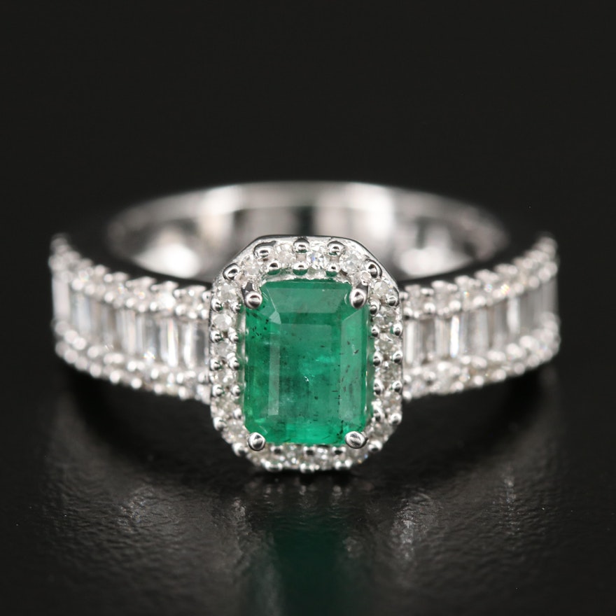 EFFY 14K WHITE GOLD DIAMOND, NATURAL EMERALD RING