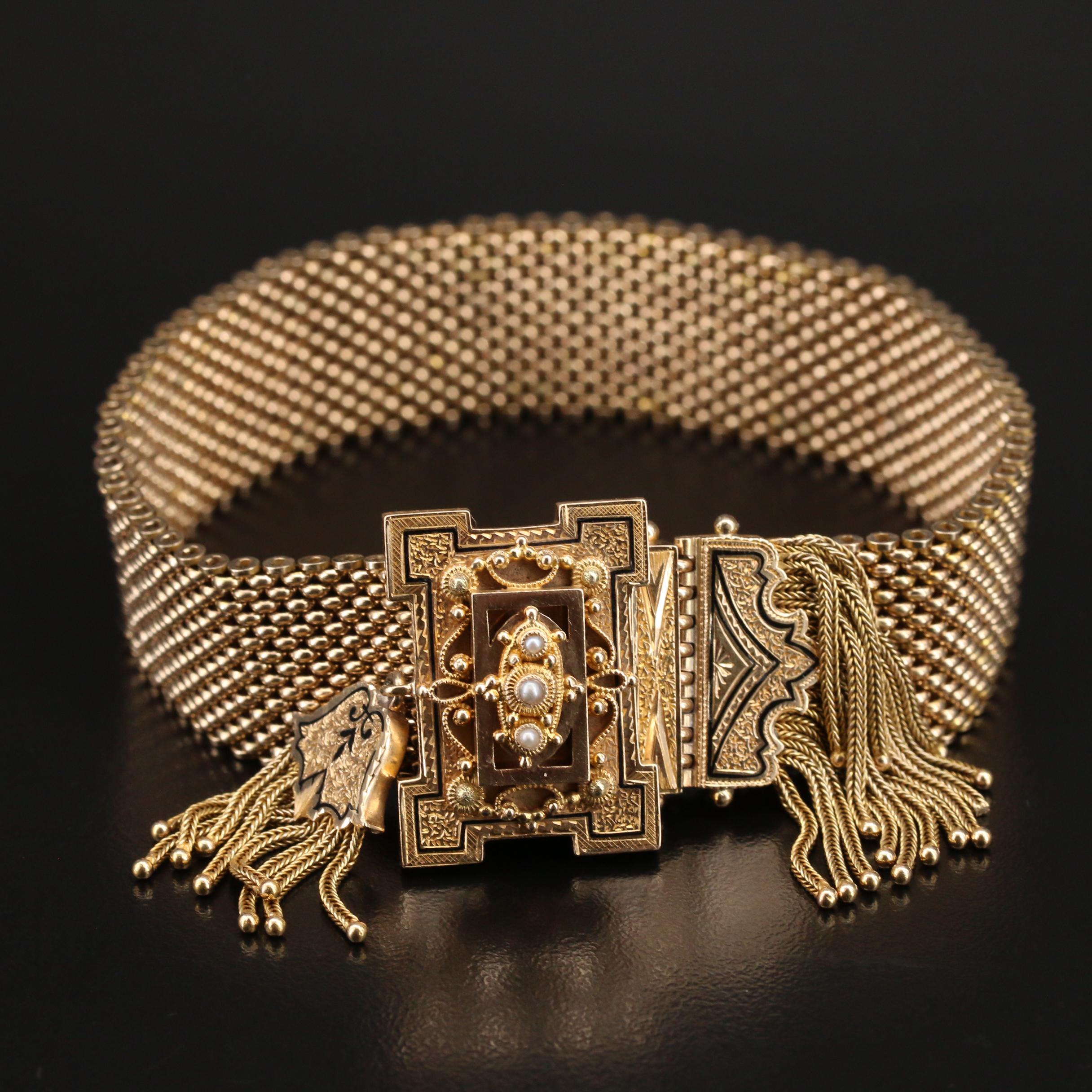 Mid Victorian 10K Slide Bracelet with Taille D'Épargne and Foxtail Tassels