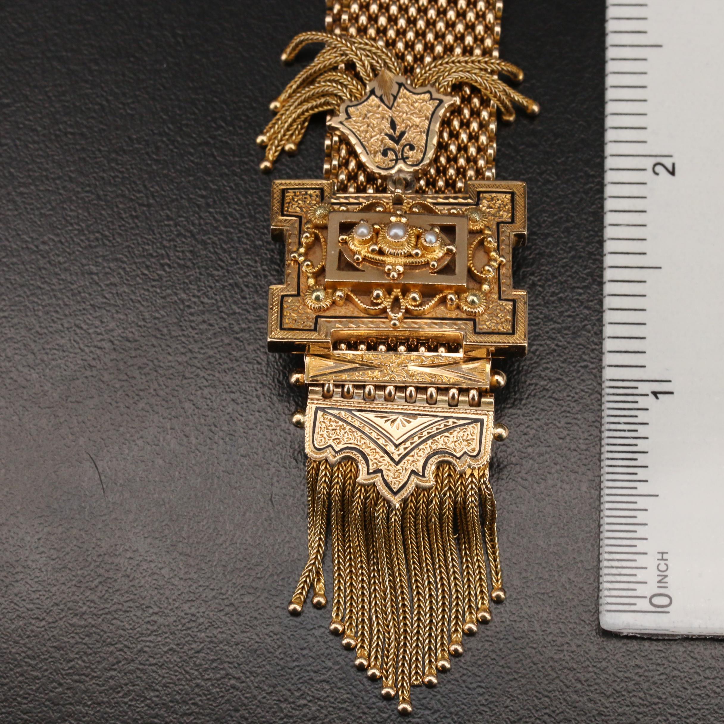 Mid Victorian 10K Slide Bracelet with Taille D'Épargne and Foxtail Tassels
