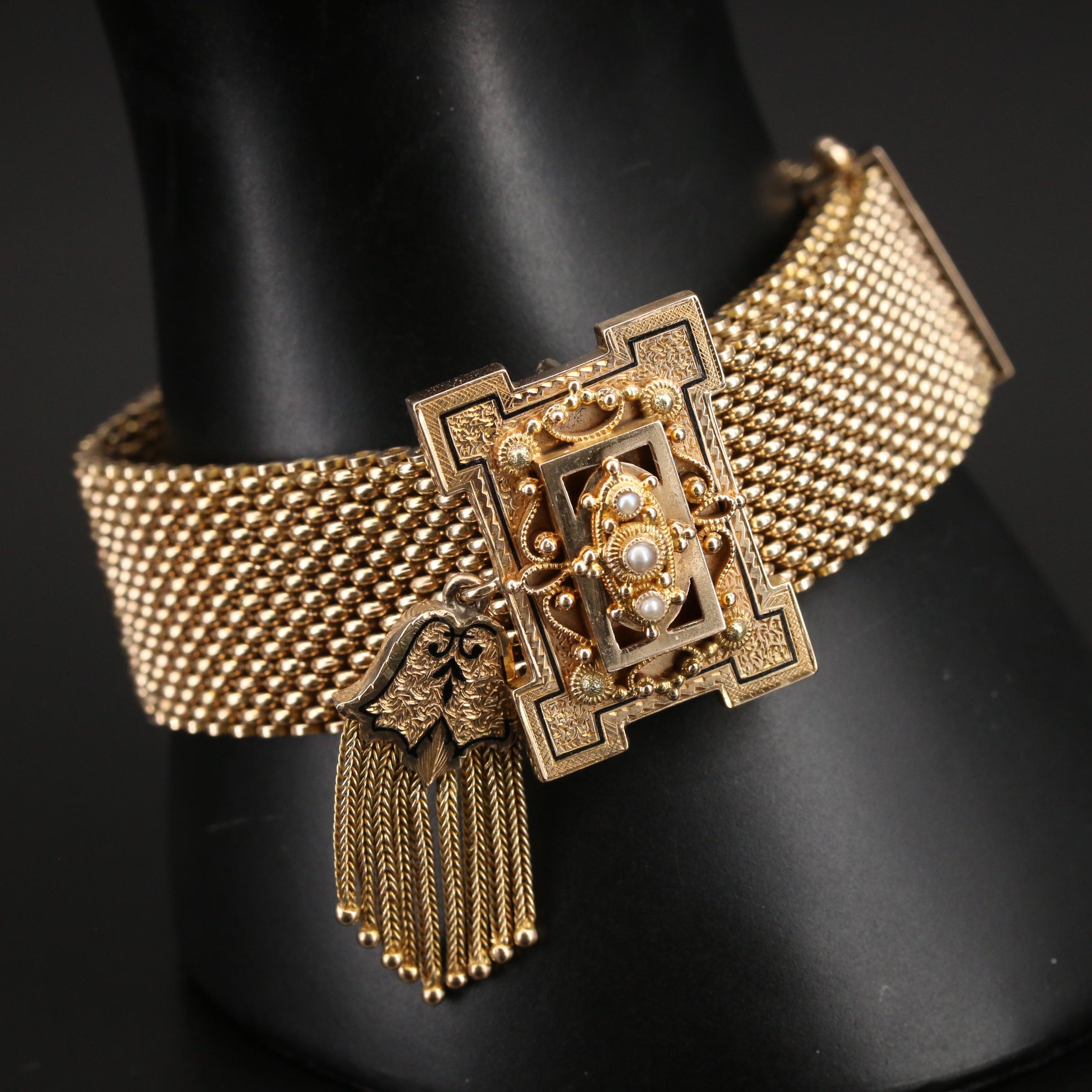 Mid Victorian 10K Slide Bracelet with Taille D'Épargne and Foxtail Tassels