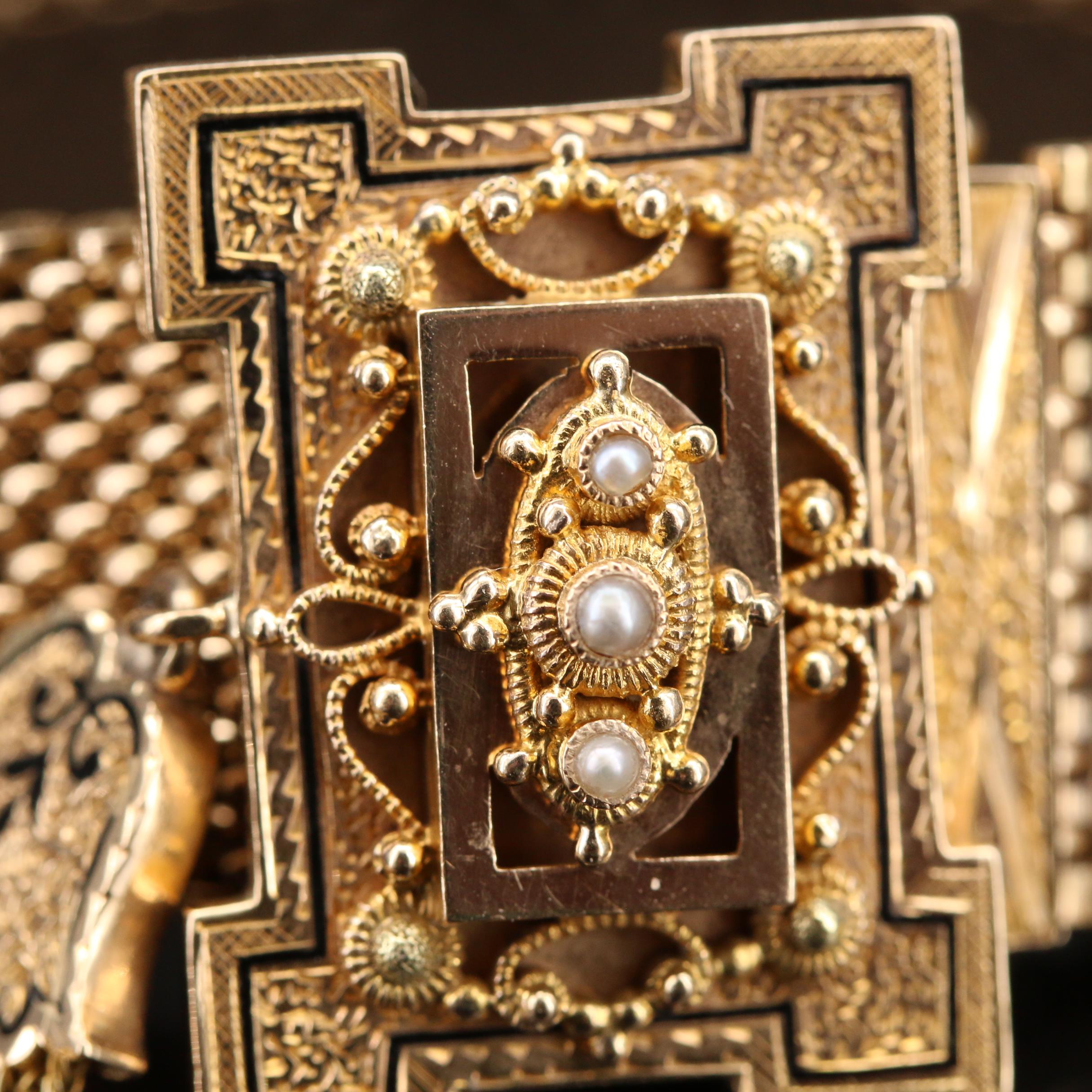 Mid Victorian 10K Slide Bracelet with Taille D'Épargne and Foxtail Tassels