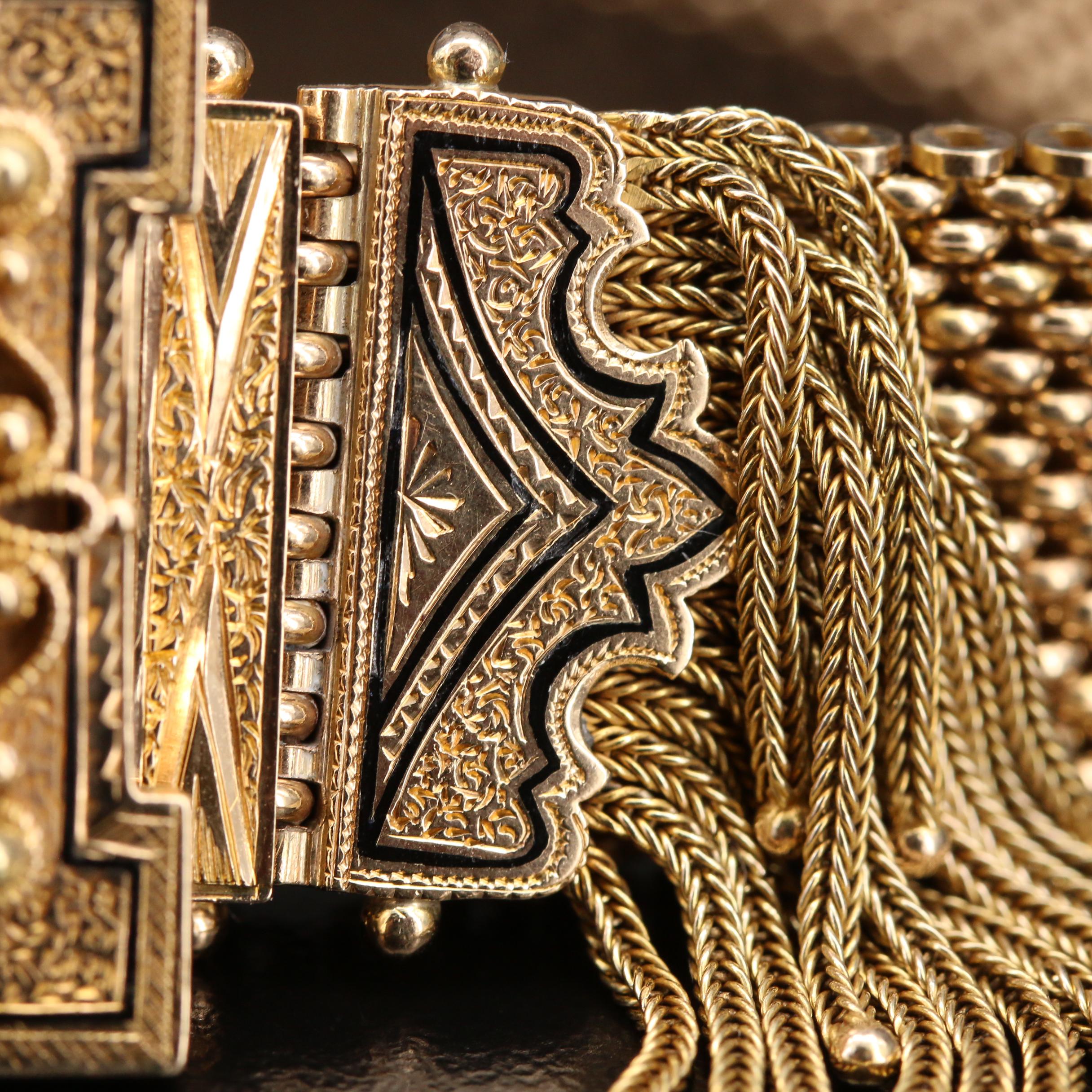 Mid Victorian 10K Slide Bracelet with Taille D'Épargne and Foxtail Tassels