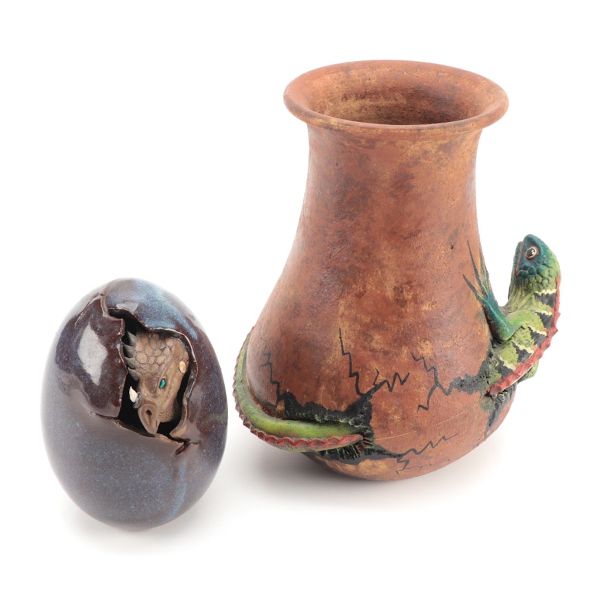 Dennis Thompson Dragon Egg Sculpture with Solis Ollin Iguana Ceramic Vase