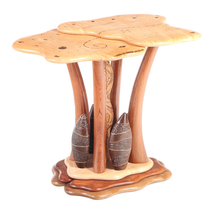 Steven Spiro Specimen Wood, MOP, and Fossil-Inlaid Mixed Hardwood Side Table