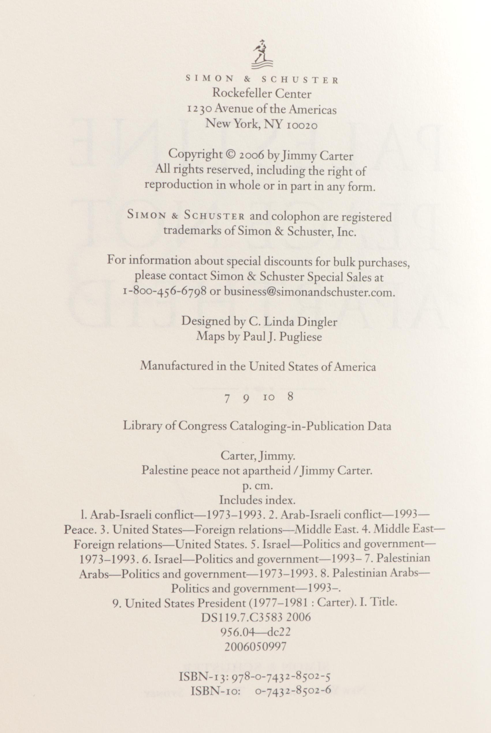 Signed "Palestine: Peace not Apartheid" by Jimmy Carter, 2006  Visual COA