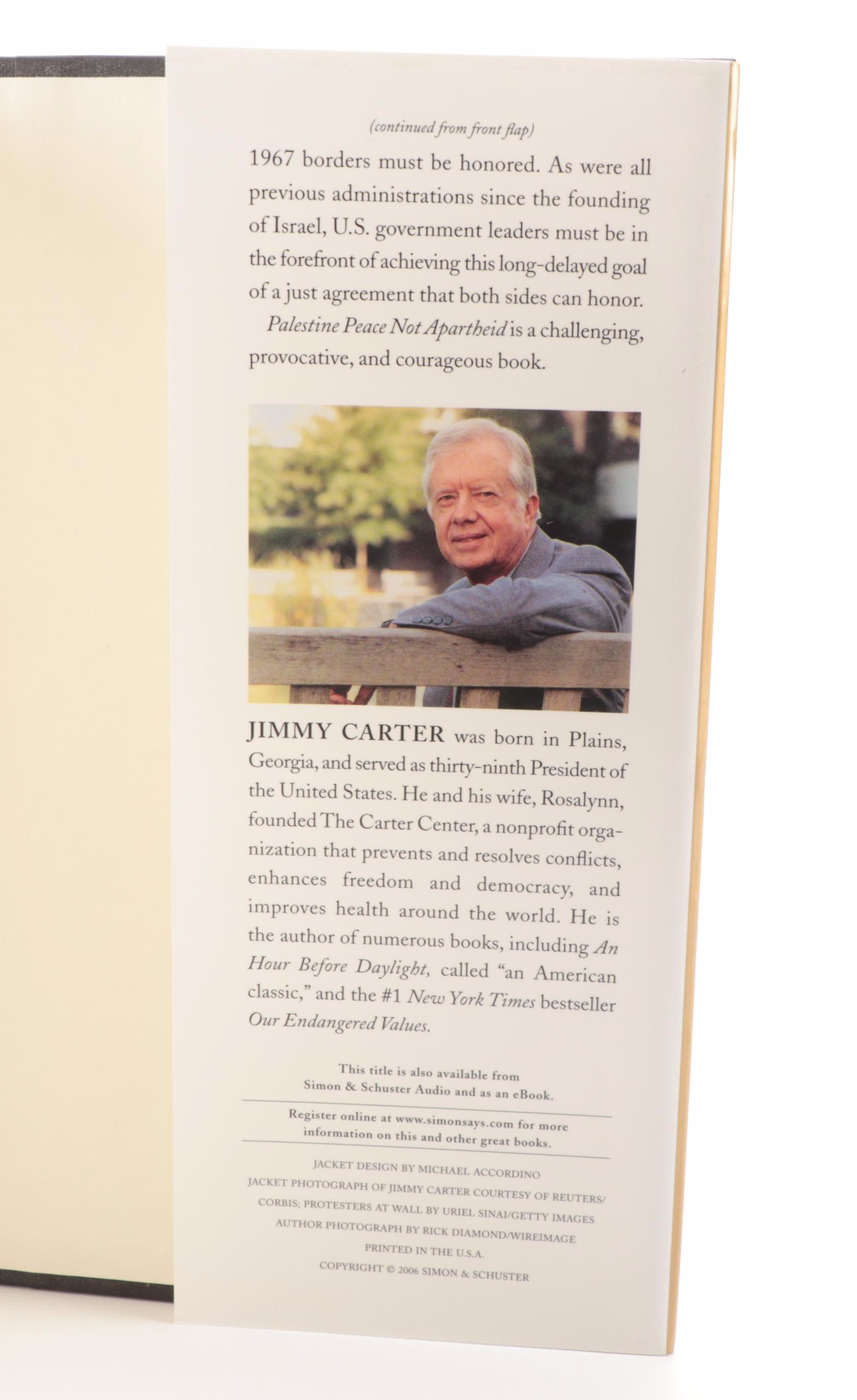 Signed "Palestine: Peace not Apartheid" by Jimmy Carter, 2006  Visual COA