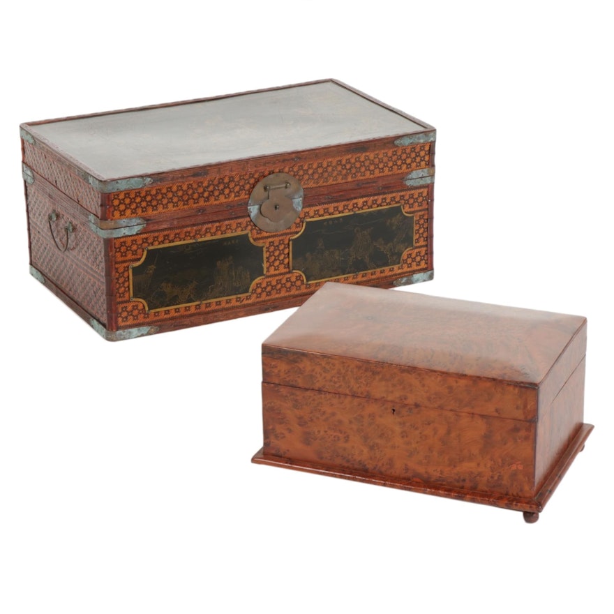 Moroccan Burl Wood Box and Chinese Woven Bamboo Chest