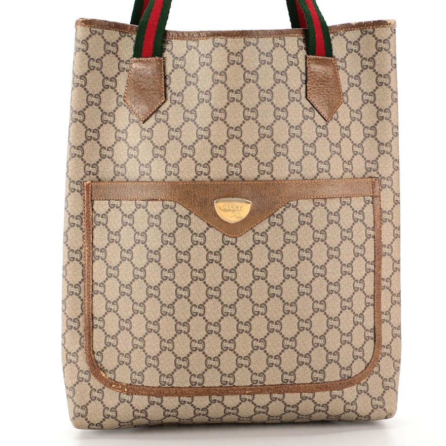 Gucci Plus Web Tote in Coated Canvas with Leather Trim