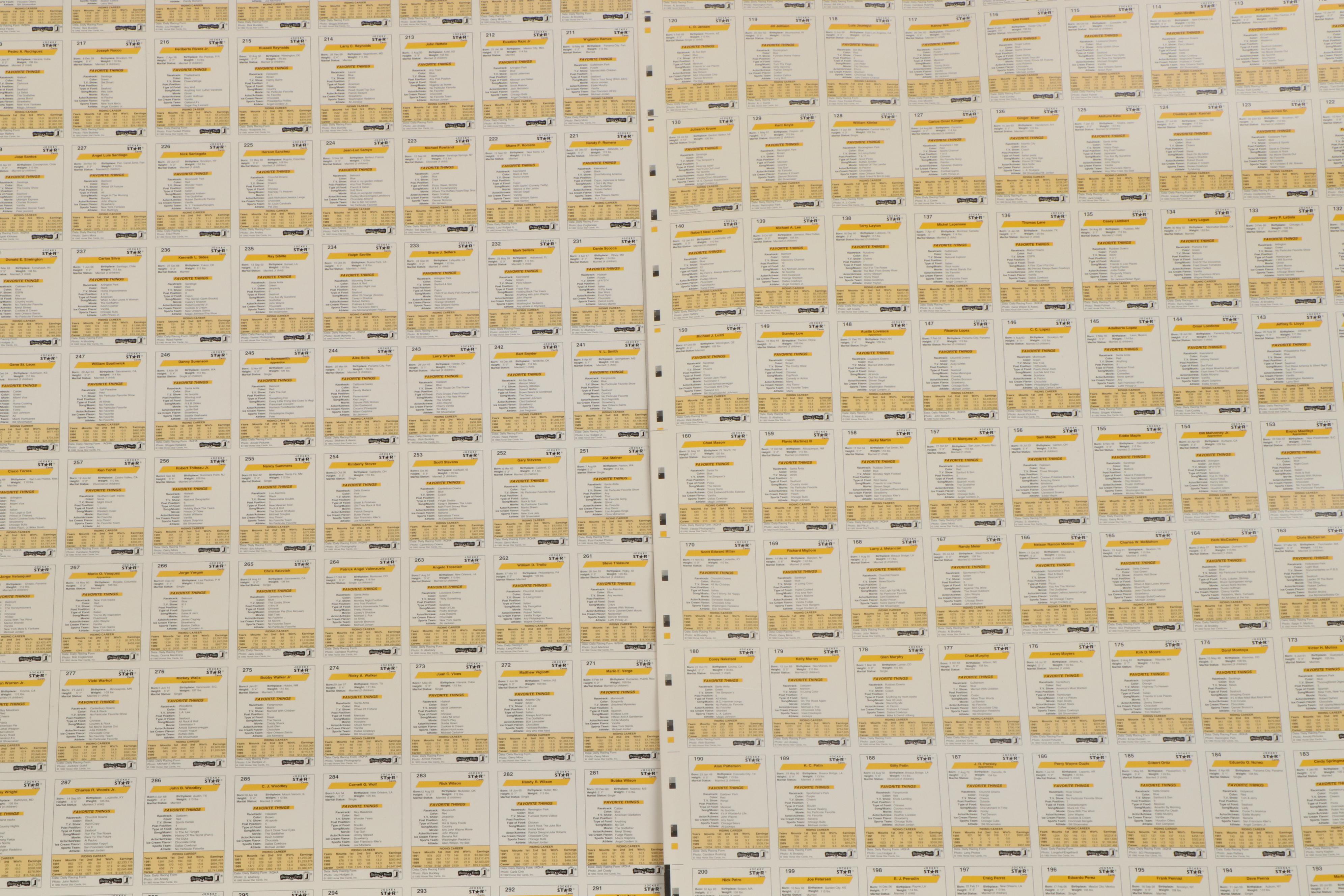 1992 Jockey Stars Uncut Trading Card Sheets