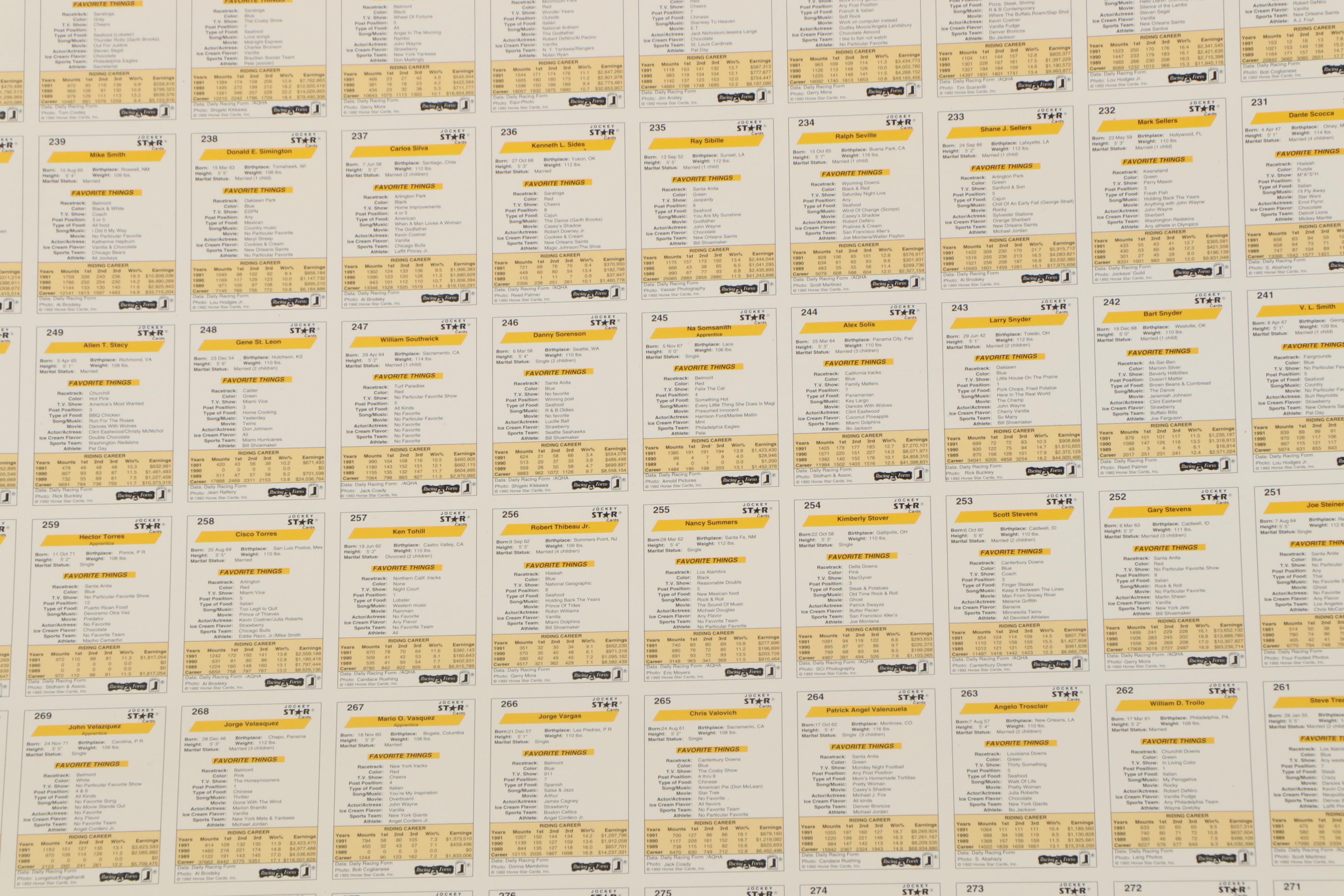 1992 Jockey Stars Uncut Trading Card Sheets