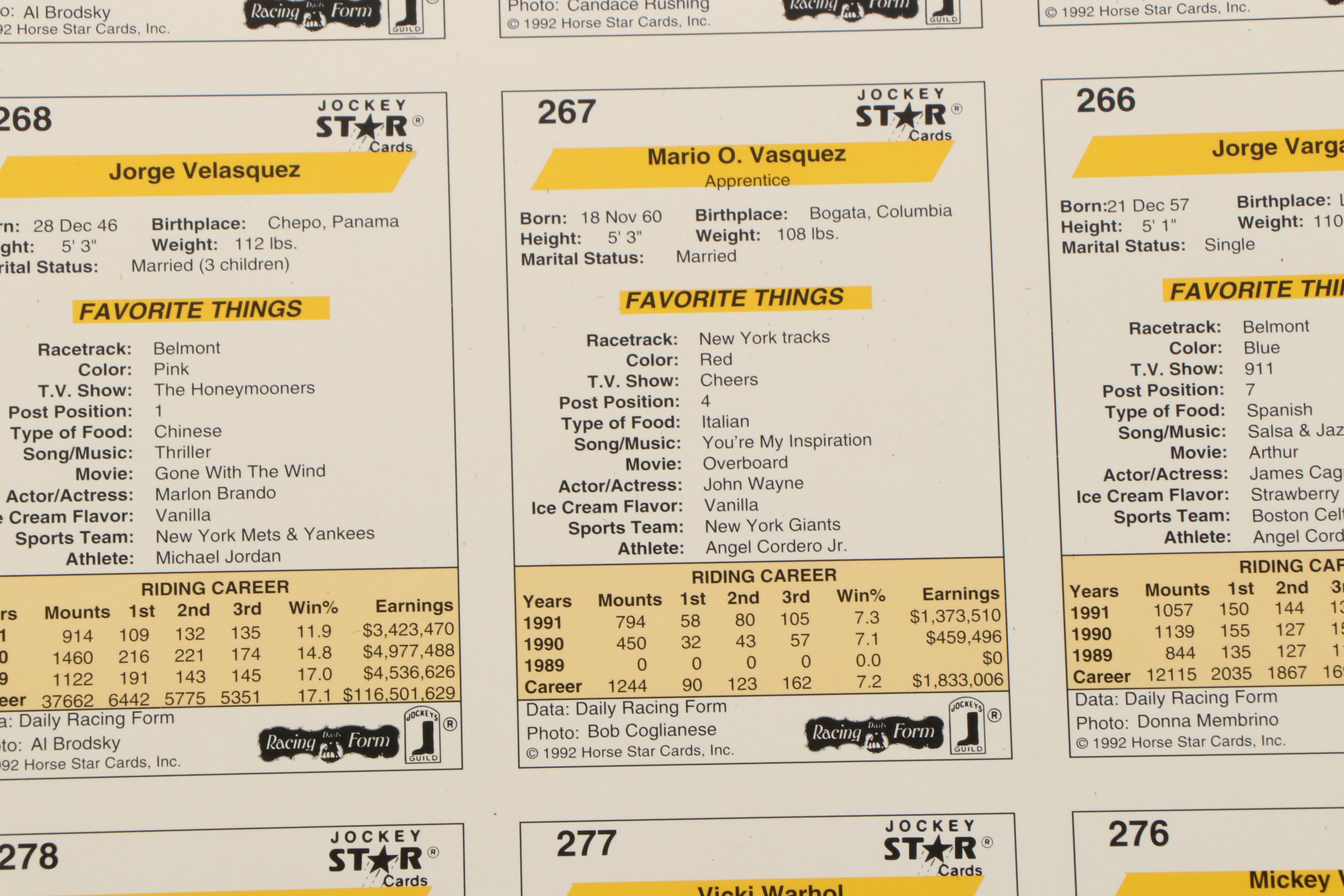 1992 Jockey Stars Uncut Trading Card Sheets