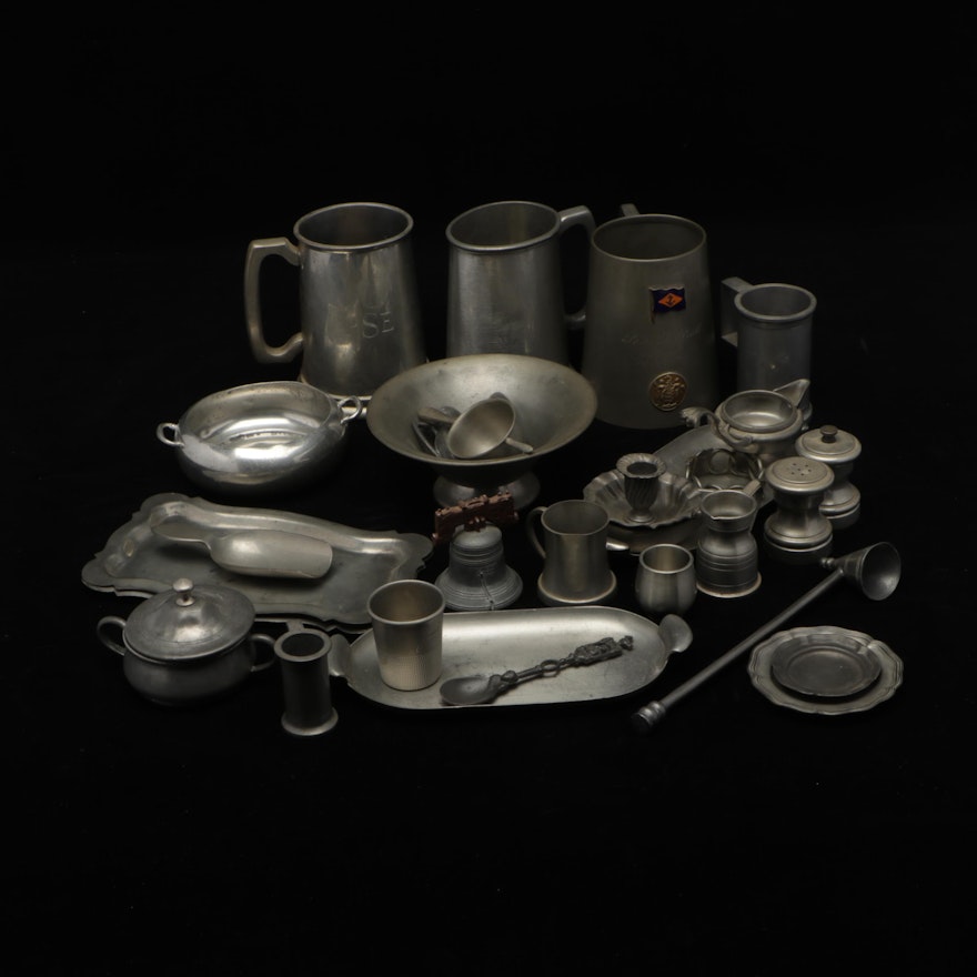 Pewter Tankards, Trays, Shakers, Candle Snuffer, Bowl and Other Tableware