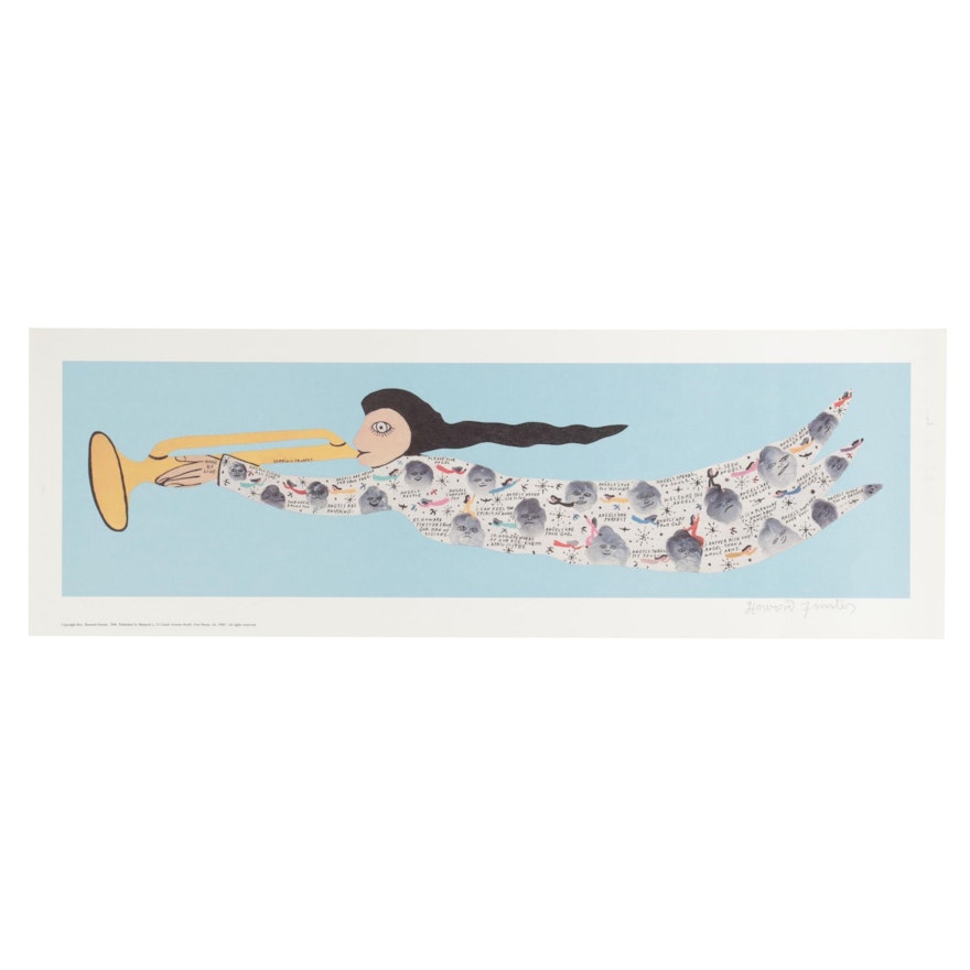 Howard Finster Offset Lithograph of Trumpeting Angel, Circa 1994