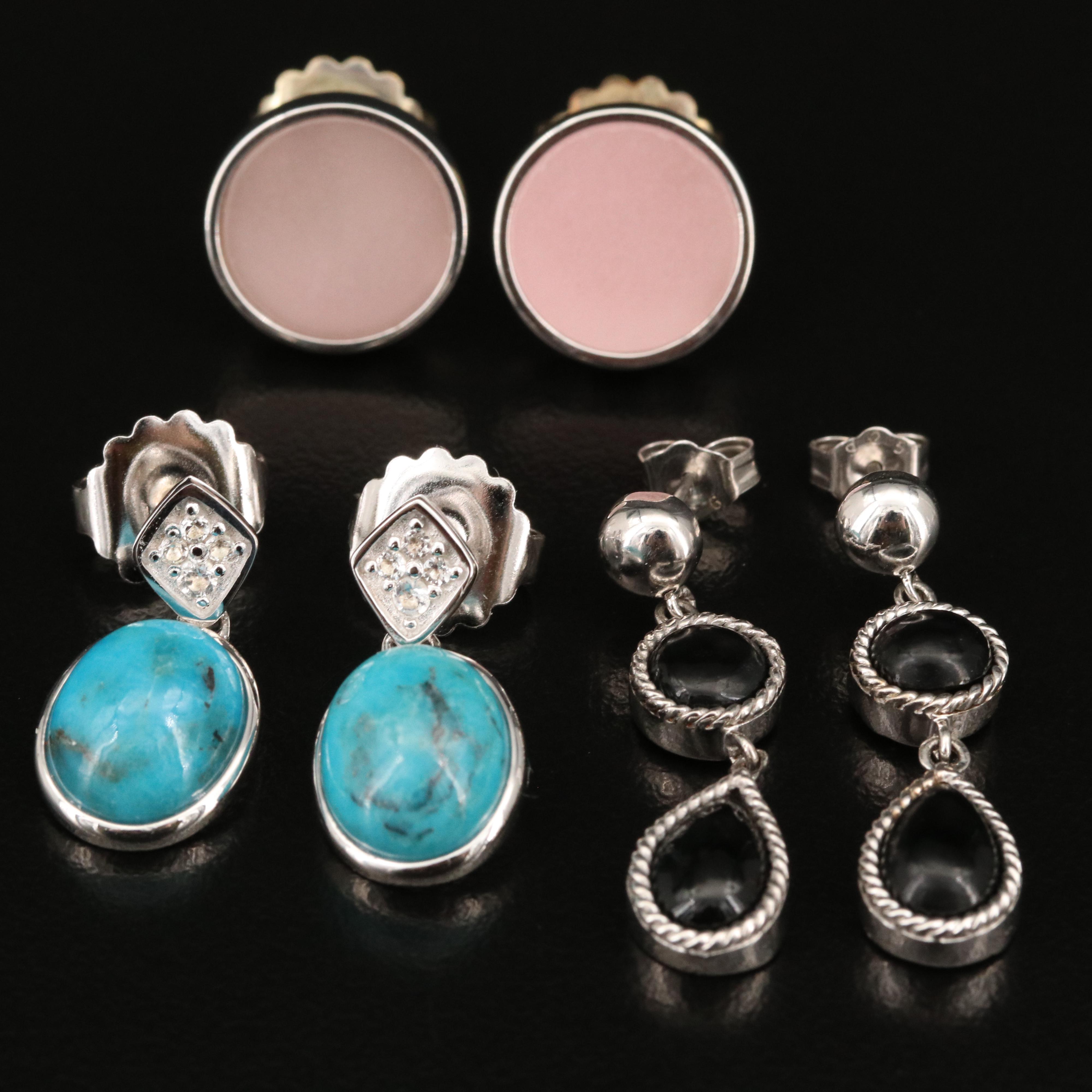 Sterling Silver Earrings Including Rose Quartz, Black Onyx and Turquoise