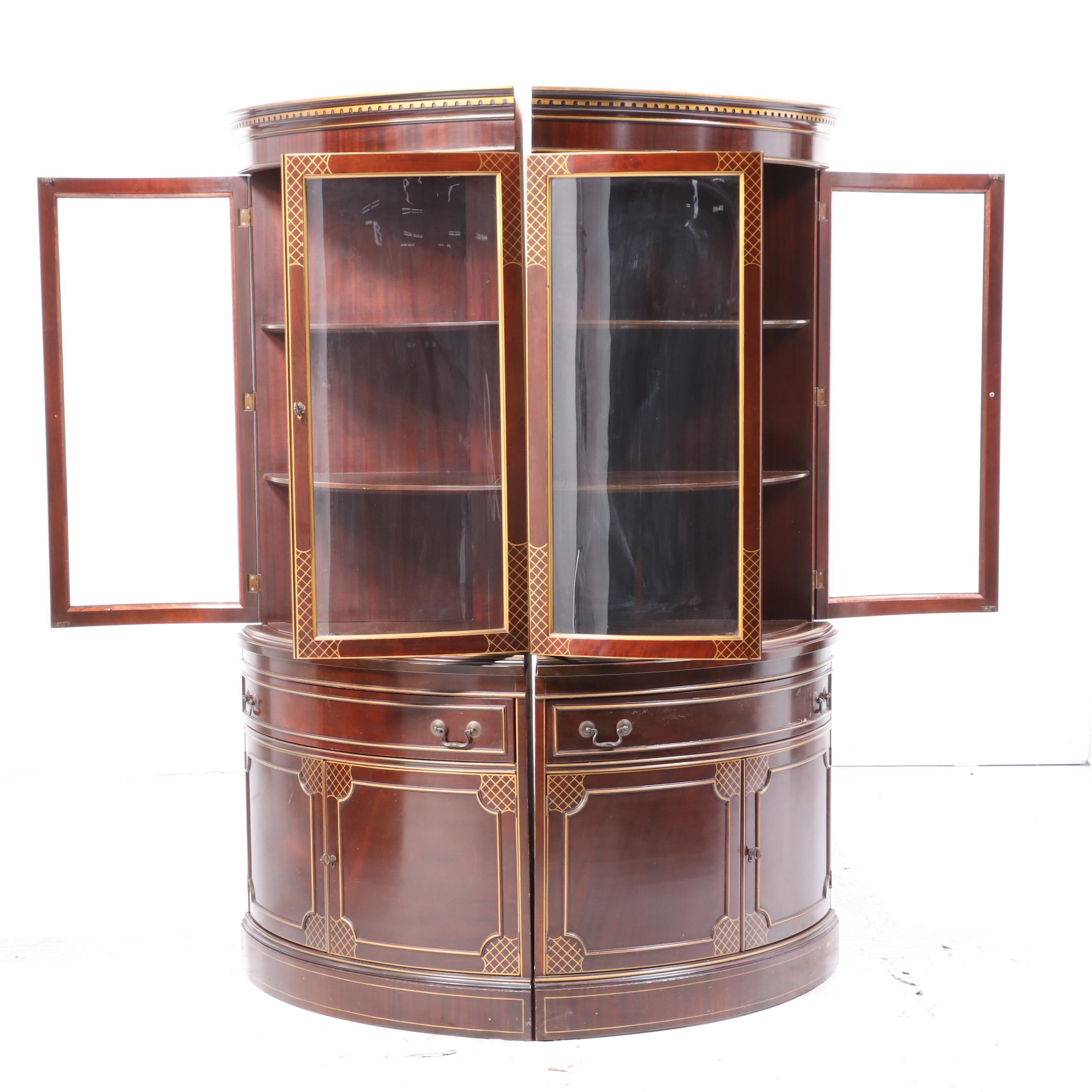 Pair of Parcel-Gilt and Mahogany Bowfront Display Cabinets