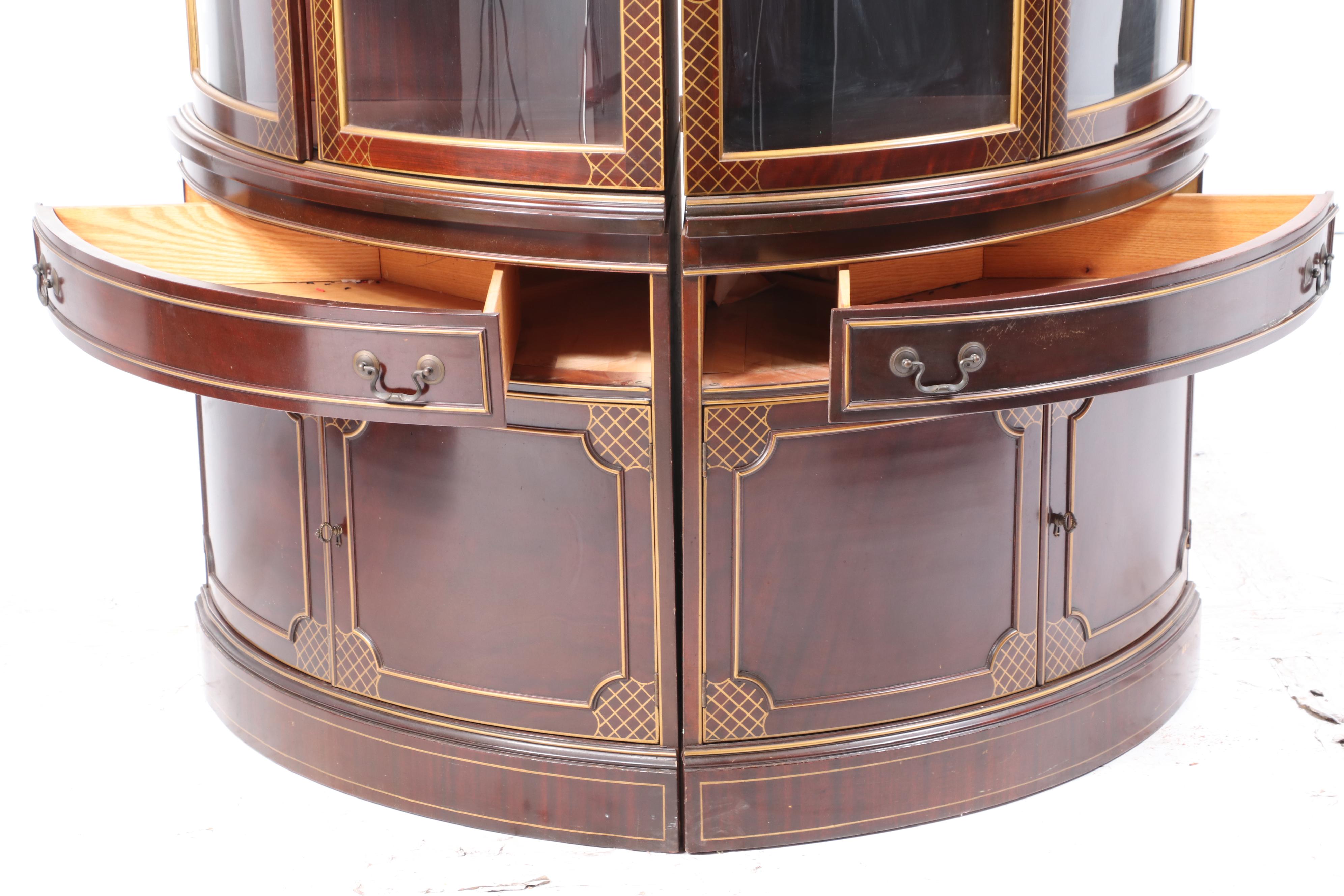 Pair of Parcel-Gilt and Mahogany Bowfront Display Cabinets