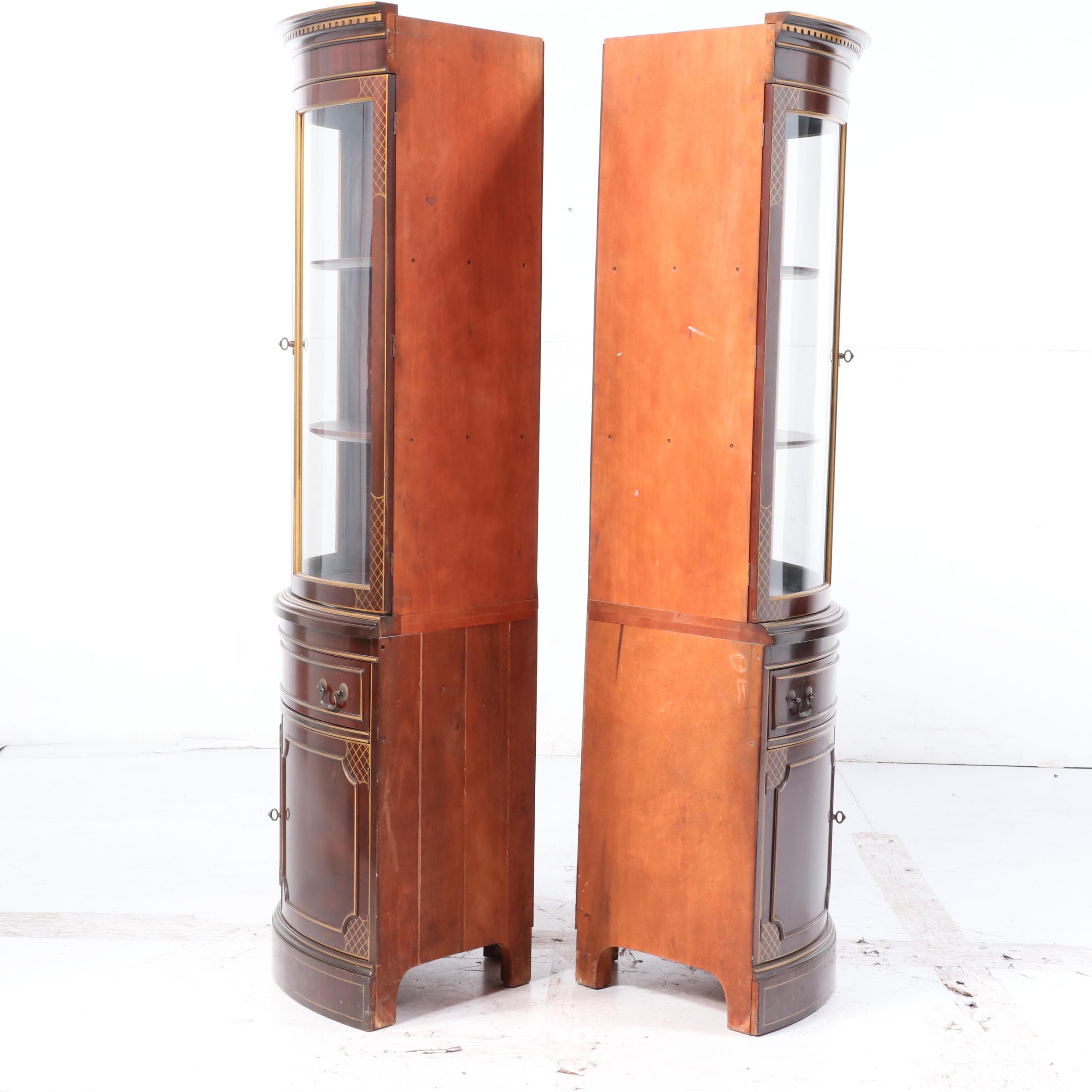 Pair of Parcel-Gilt and Mahogany Bowfront Display Cabinets