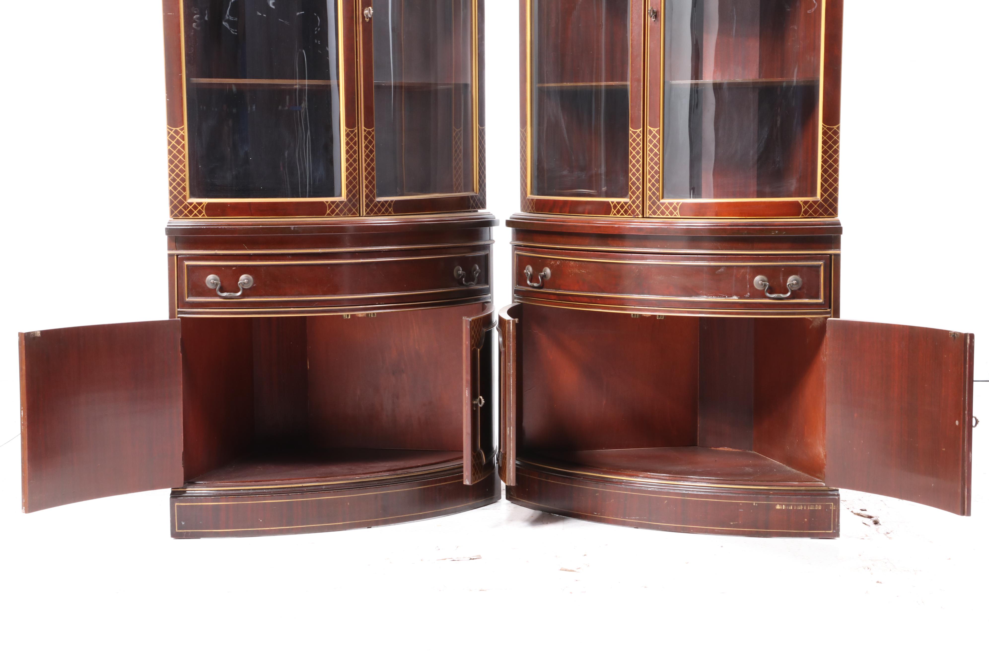 Pair of Parcel-Gilt and Mahogany Bowfront Display Cabinets
