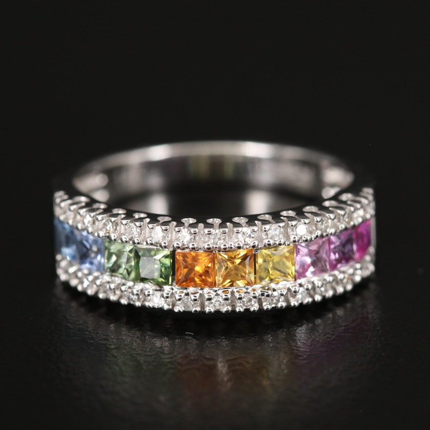 EFFY 14K WHITE GOLD DIAMOND, NATURAL CEYLON SAPPHIRE, GREEN SAPPHIRE, PINK SAPPHIRE, YELLOW SAPPHIRE RING