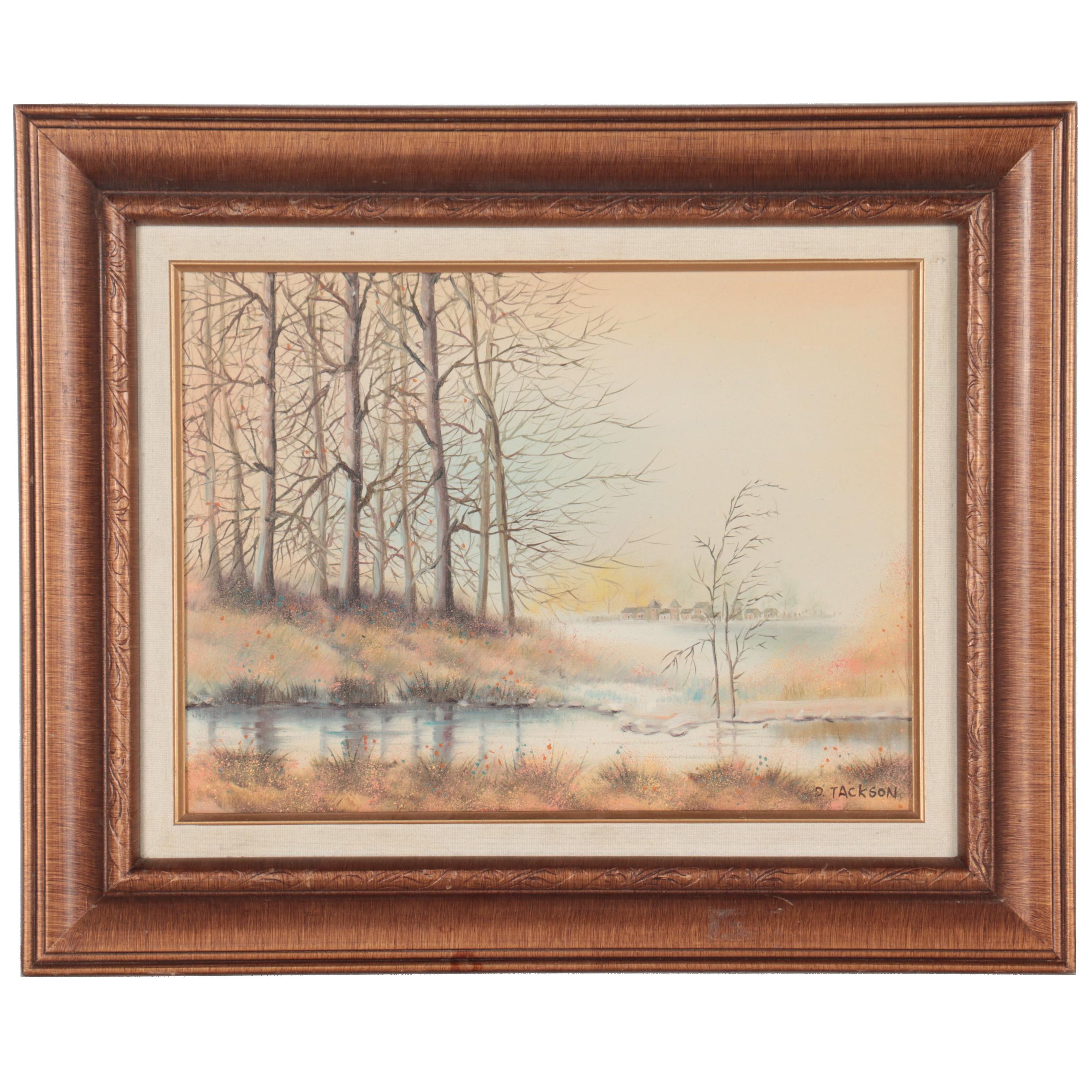 D. Jackson Landscape Oil Painting of Barren Trees, Late 20th Century