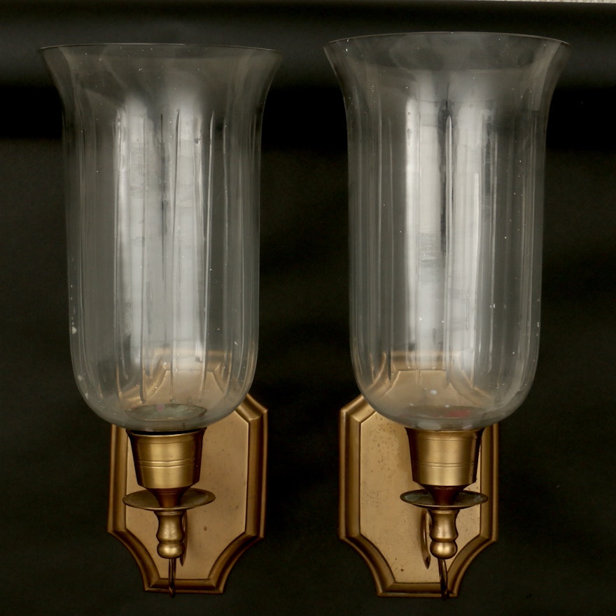 Pair of Hurricane Glass and Brass Wall Candle Sconces