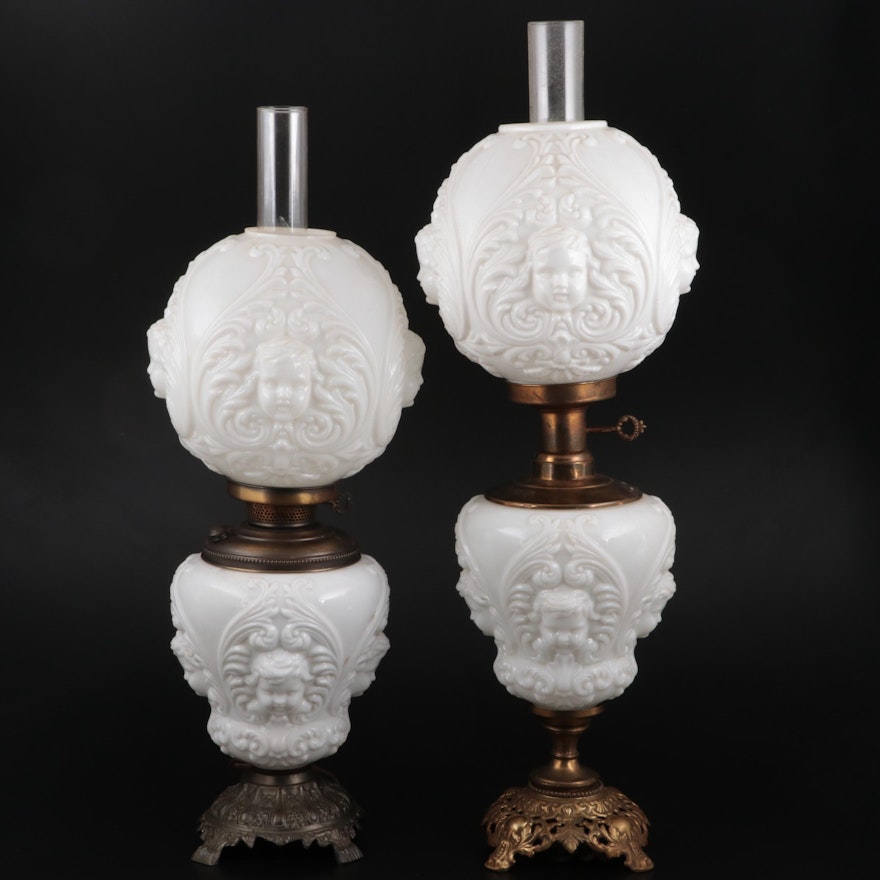 Neoclassical Pressed Milk Glass Parlor Lamps