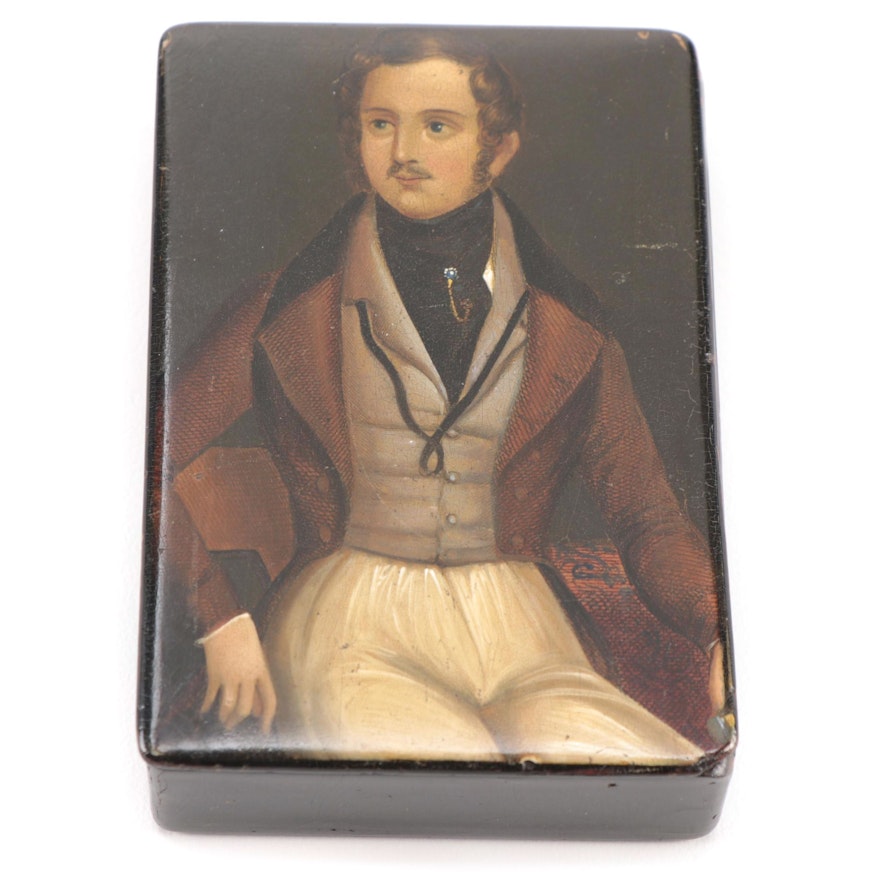 Lacquered Papier-Mâché Portrait Snuff Box, Early to Mid 19th Century