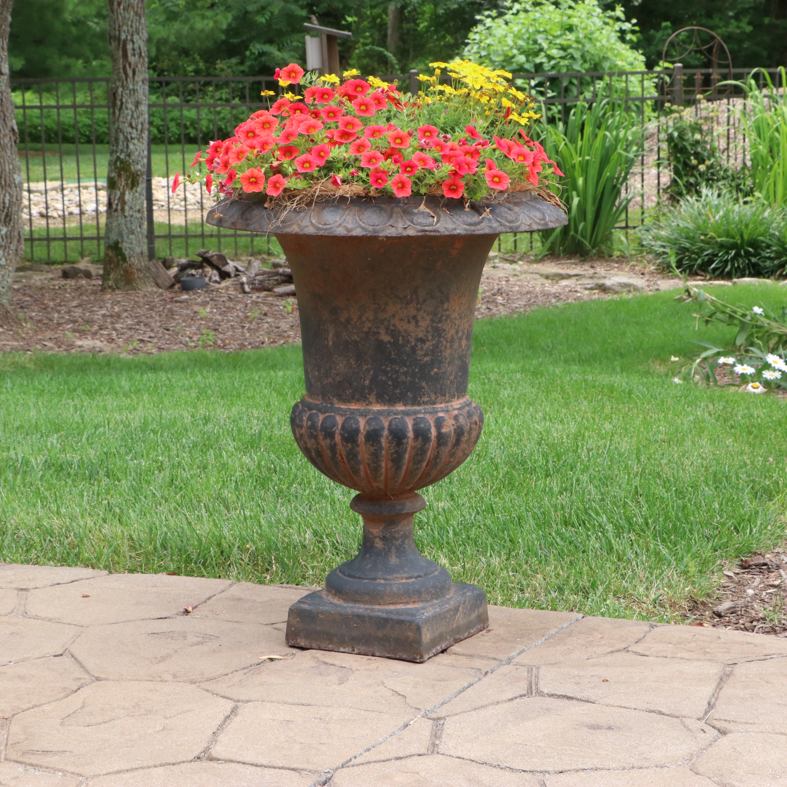 Pair of Neoclassical Cast Iron Urn Garden Planters