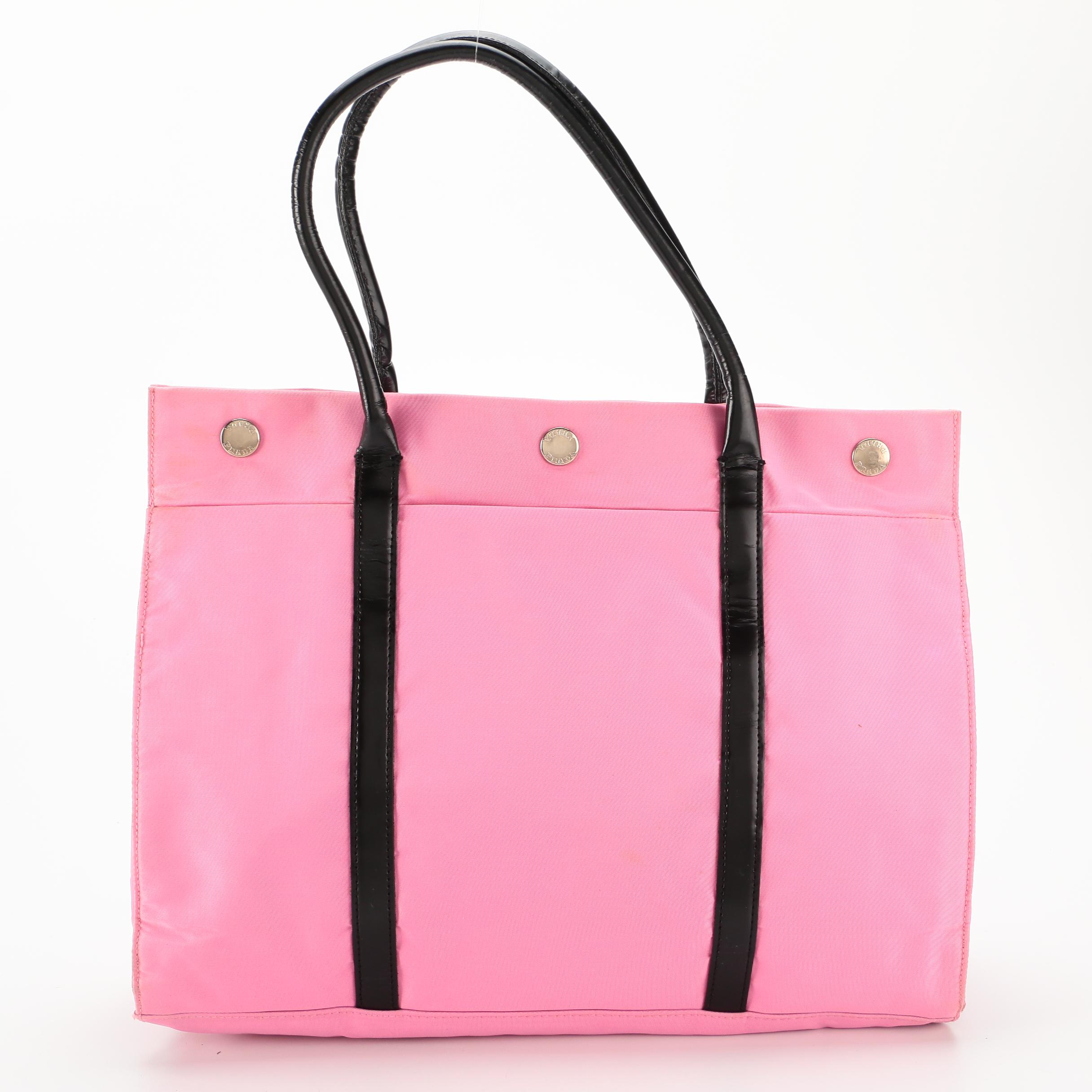 Prada Pink Nylon and Black Leather Tote Bag