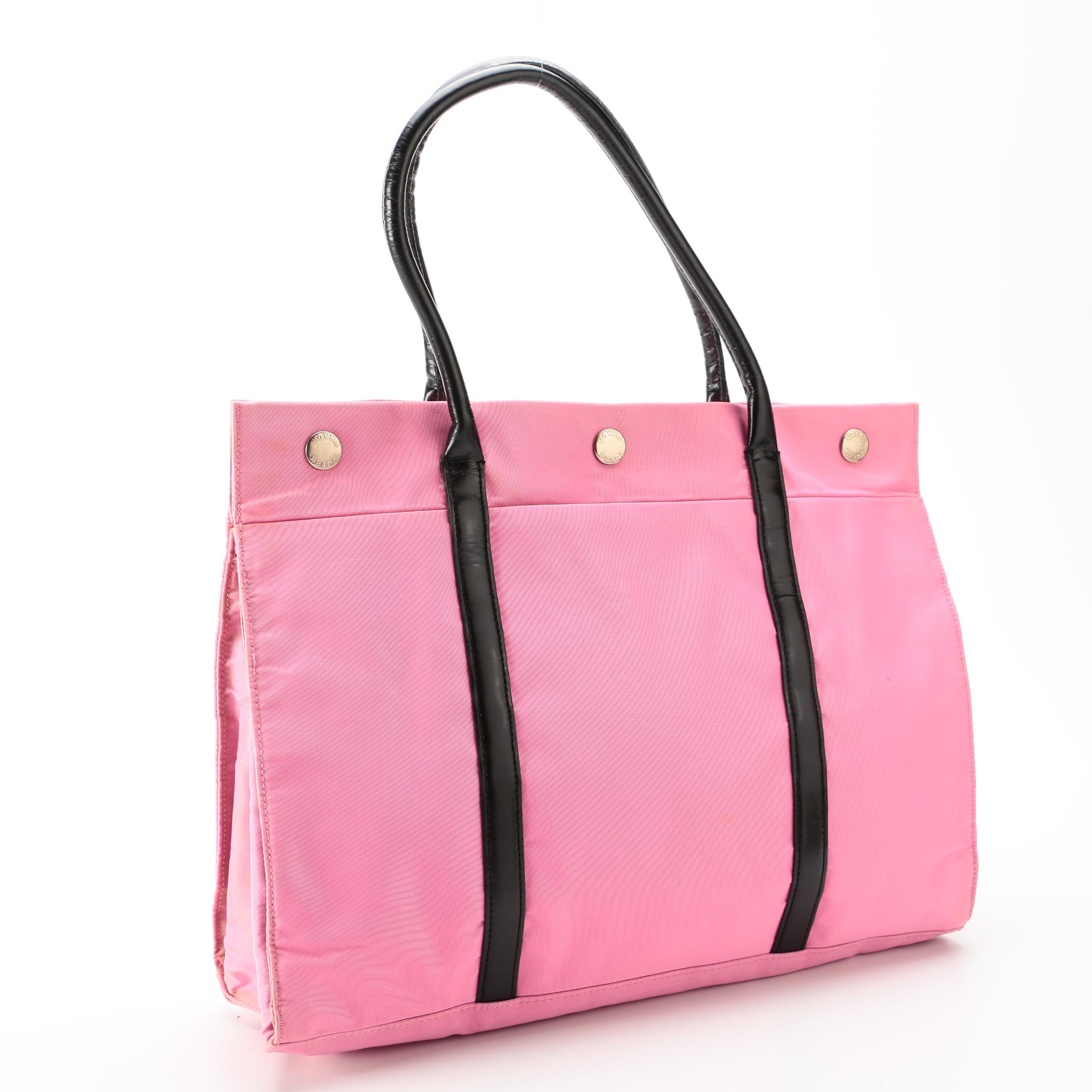 Prada Pink Nylon and Black Leather Tote Bag