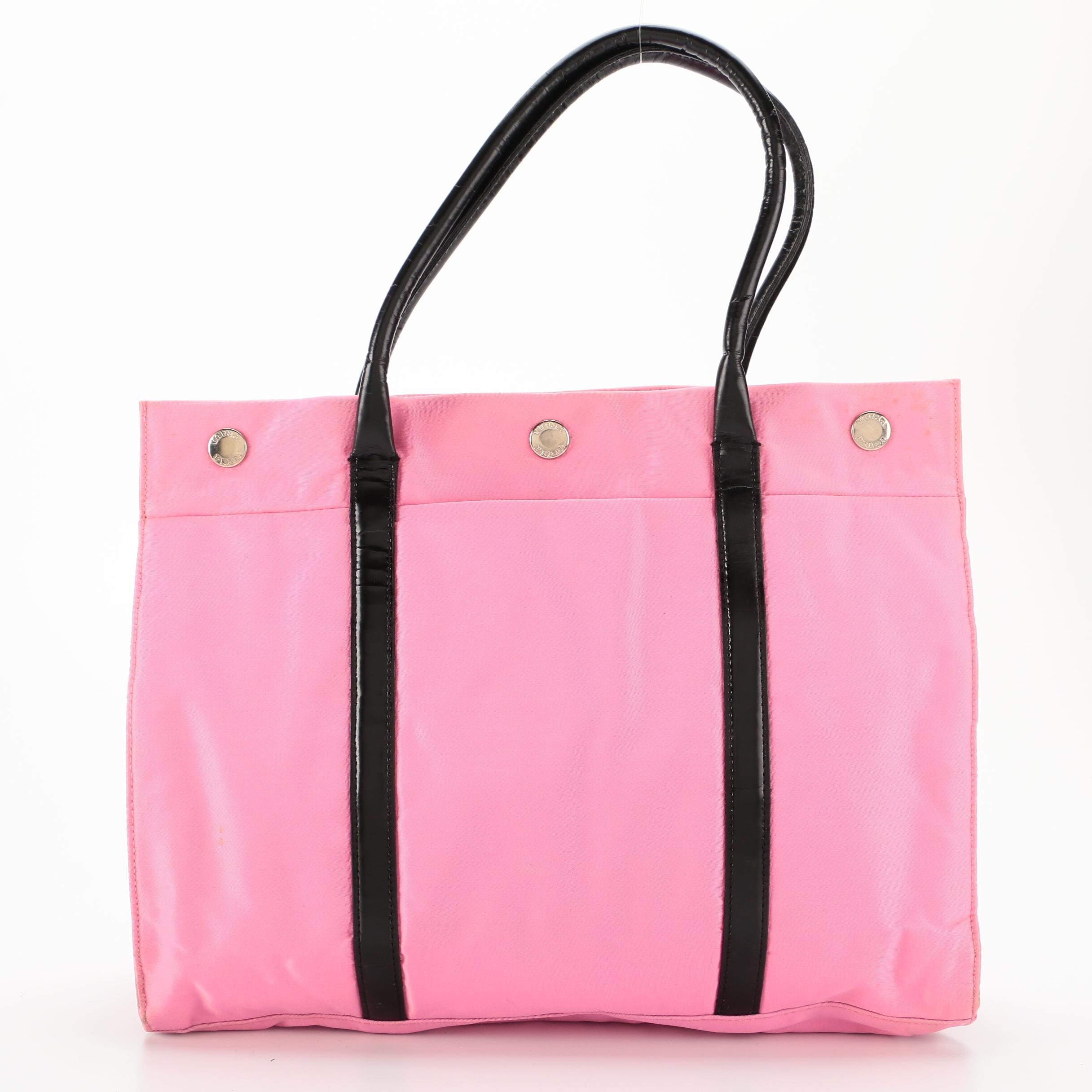 Prada Pink Nylon and Black Leather Tote Bag