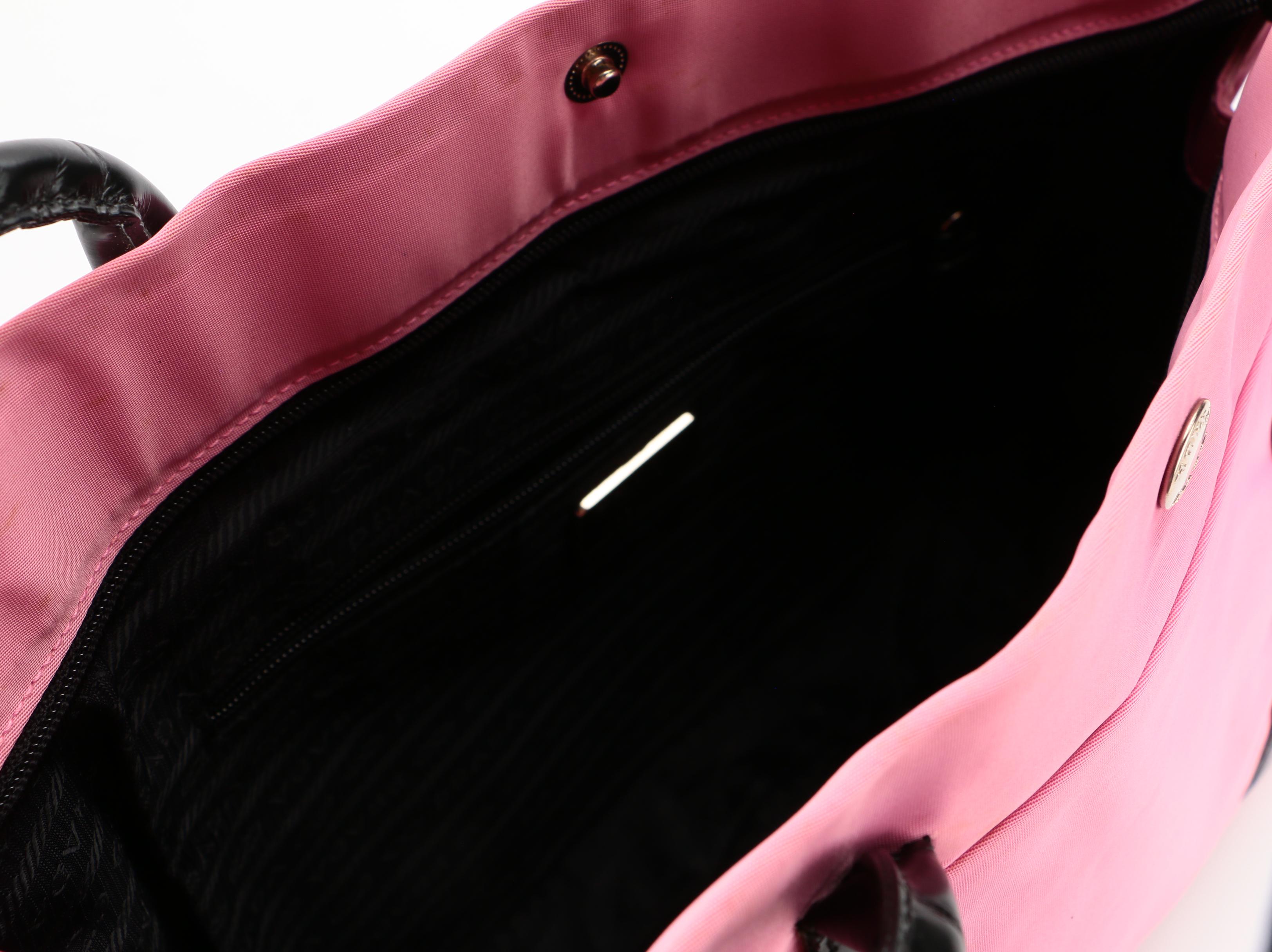 Prada Pink Nylon and Black Leather Tote Bag