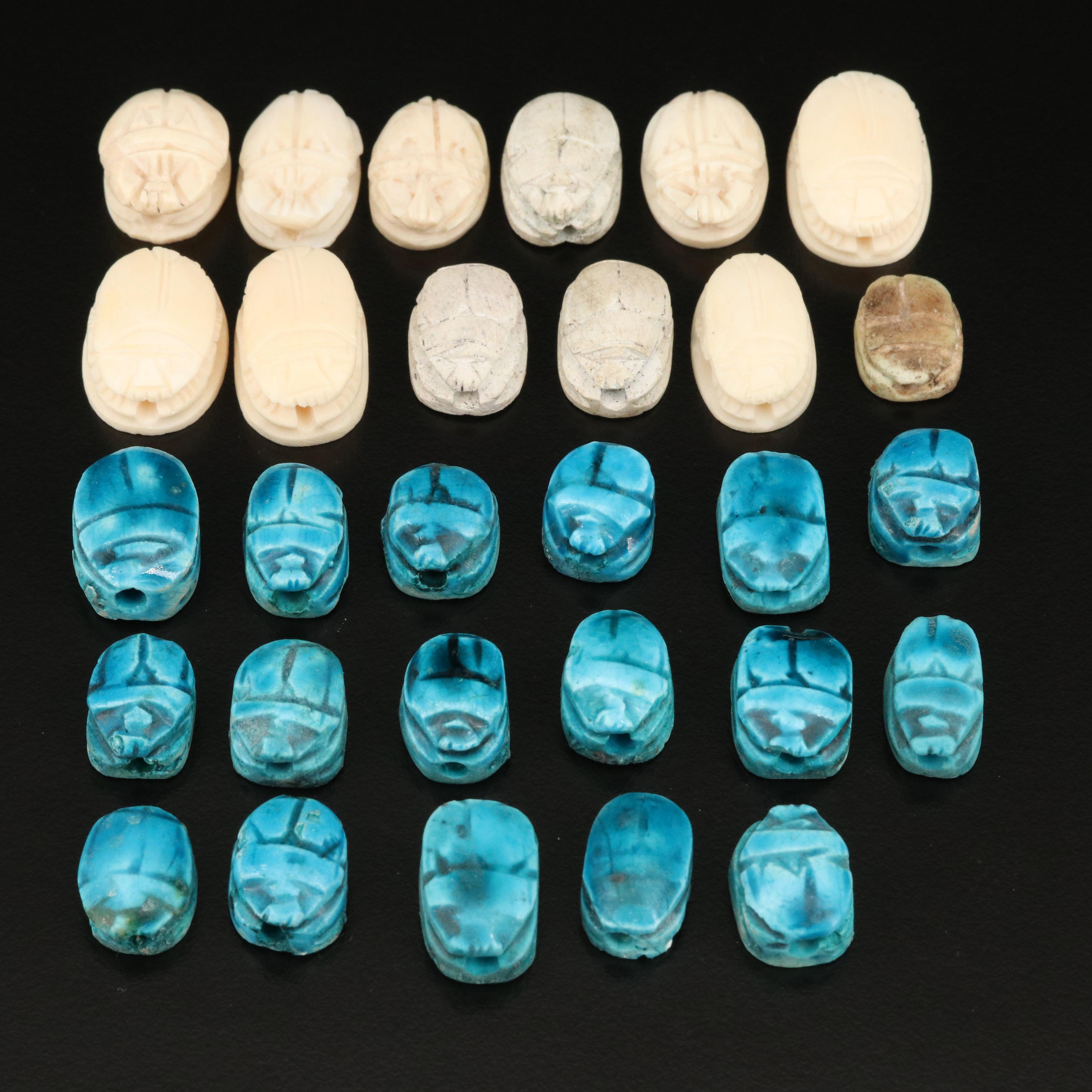 Loose Carved Bone, Faience and Lava Scarab Beads