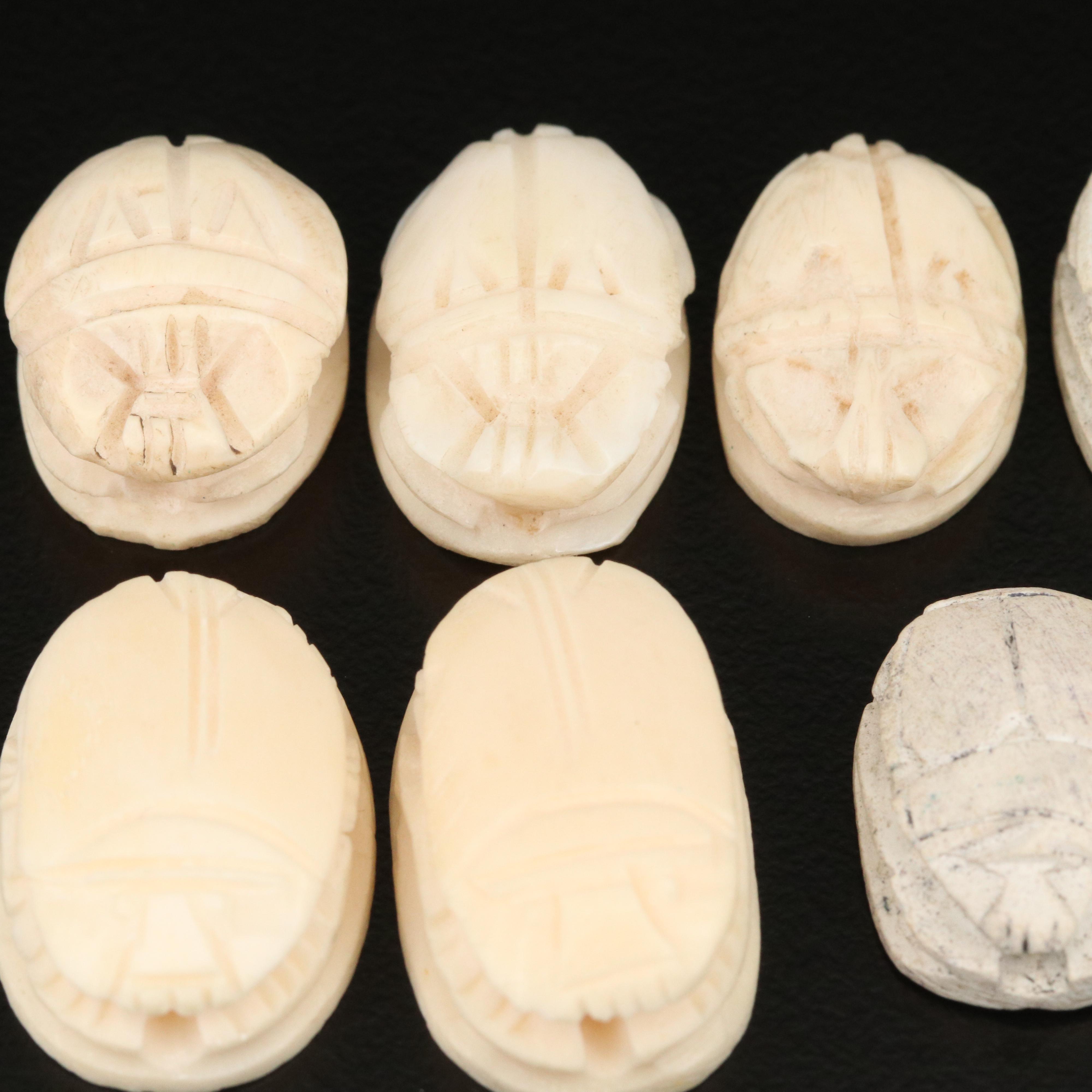 Loose Carved Bone, Faience and Lava Scarab Beads