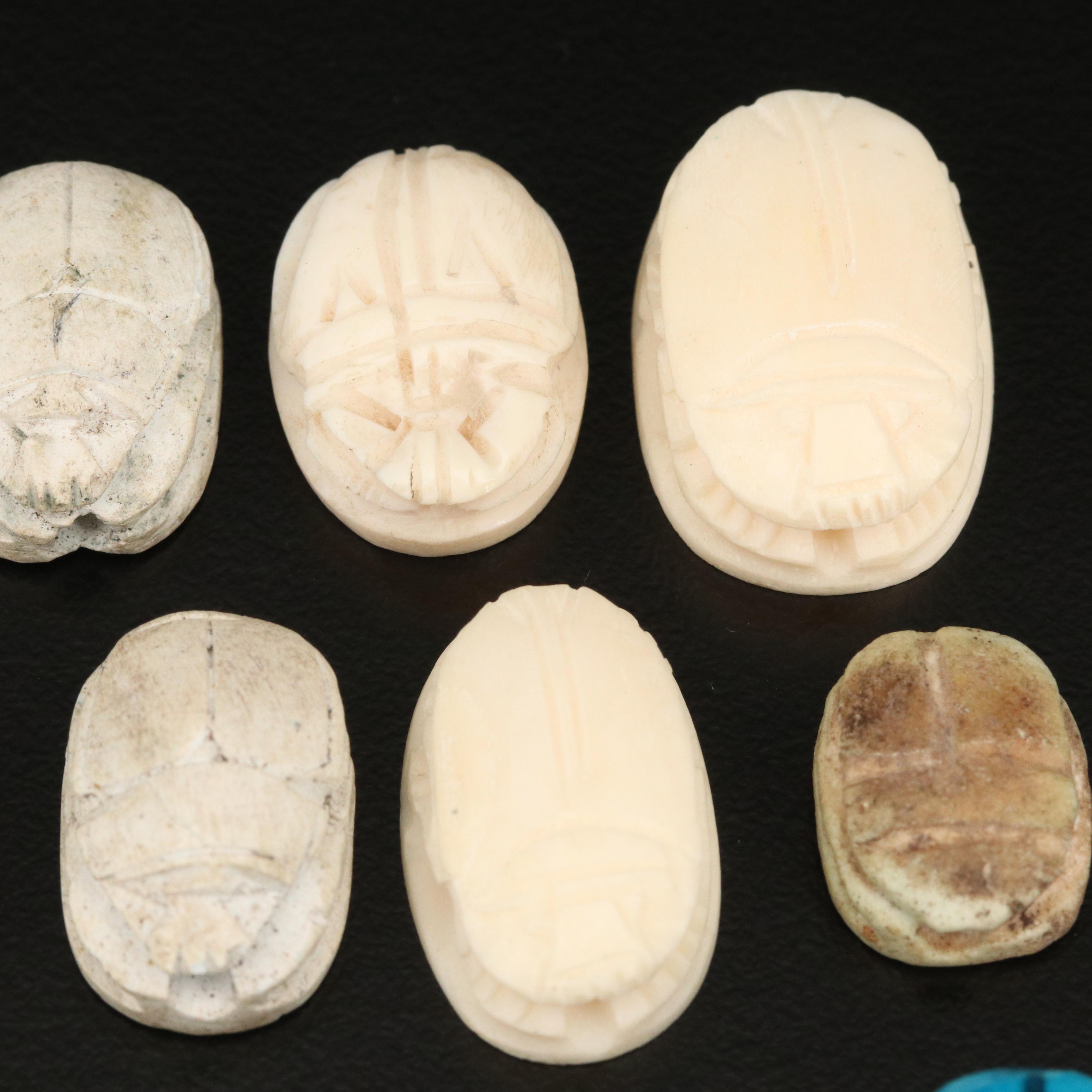 Loose Carved Bone, Faience and Lava Scarab Beads