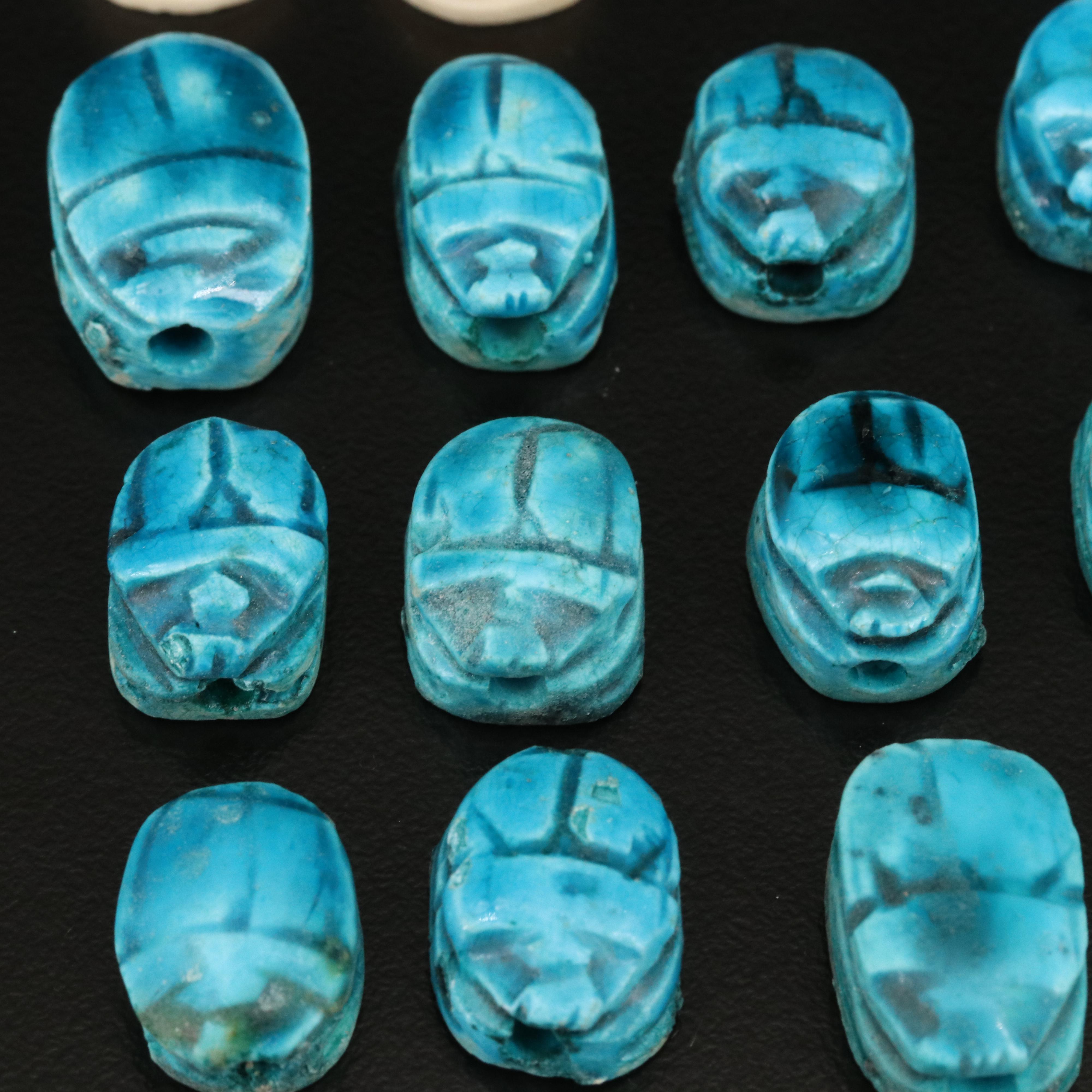 Loose Carved Bone, Faience and Lava Scarab Beads